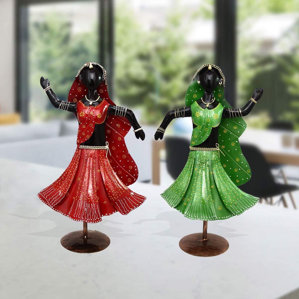 Handicrafts Paradise Wrought Iron Girls Doing Garba Decorative Gift Item Showpiece for Home Decor, Multicolour , 21 inch, 2 Piece