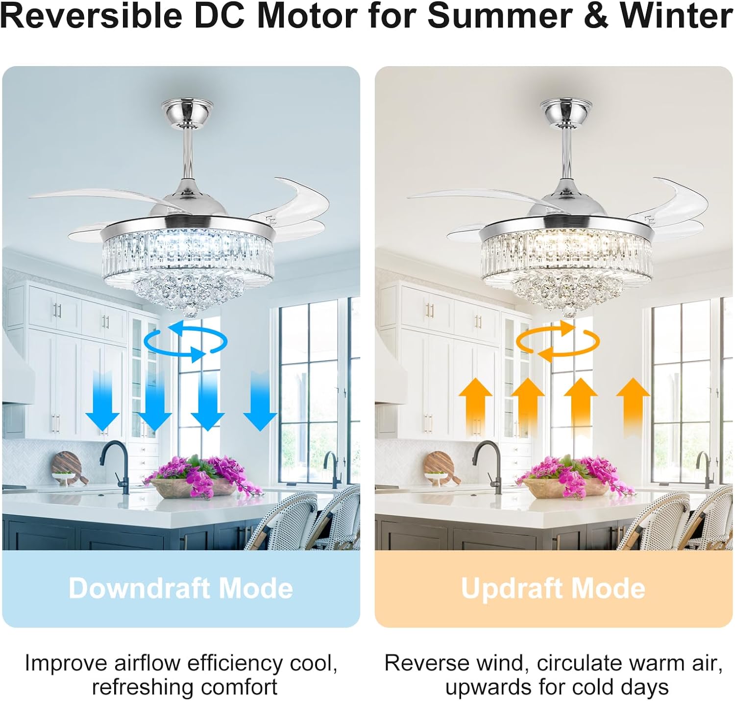 36'' Fandelier Ceiling Fans with Light, Silver Retractable Crystal Chandelier Fan, Reversible, Remote Control, Dimmable Ceiling Light Kits for Dining Living Room, Bedroom