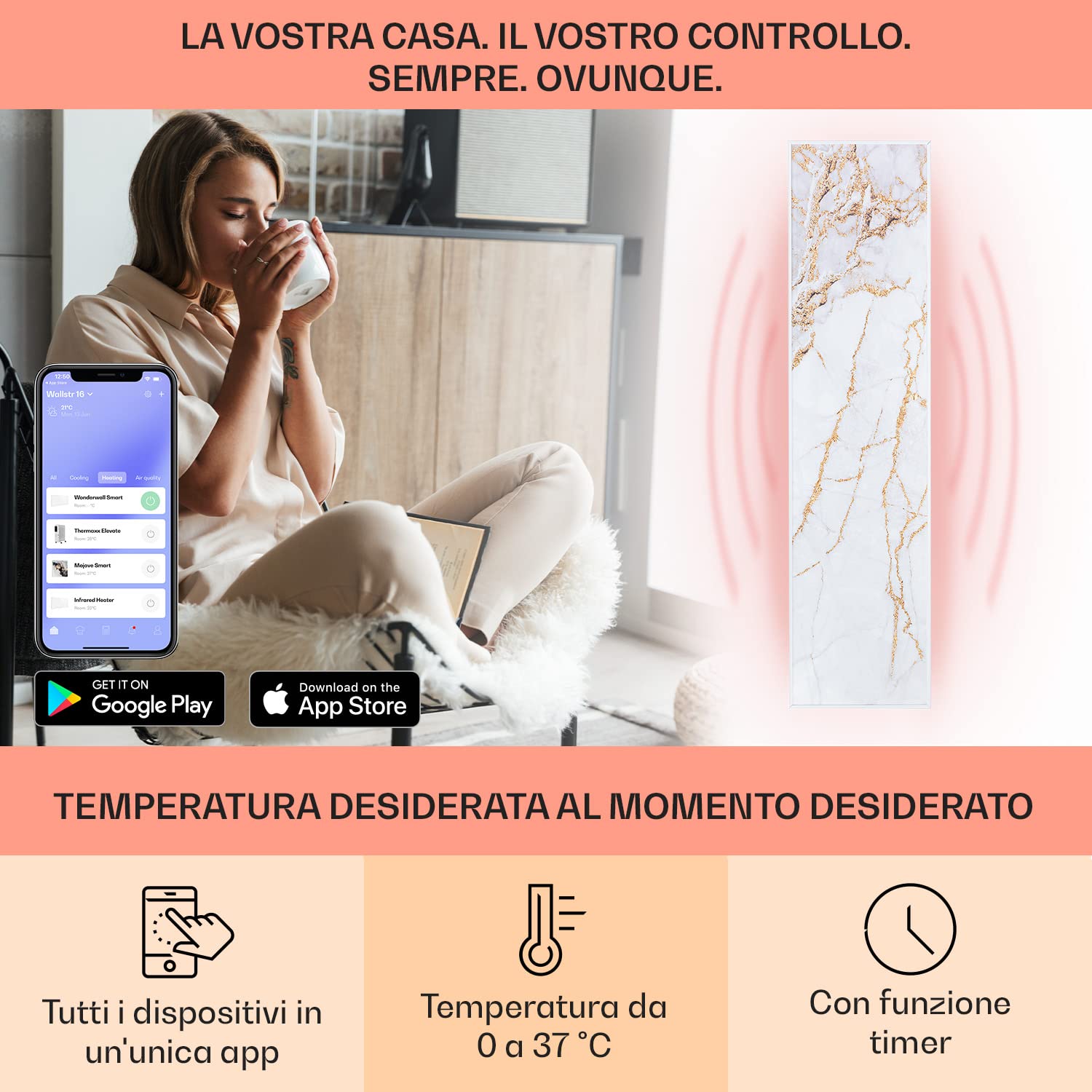 KLARSTEIN Wonderwall Air Art Smart - Pannello Radiante Infrarossi, Radiatore di Calore, 350 W, 7 m², App Control, Silenzioso, a Parete, 120 x 30 cm, Design: Marmo II
