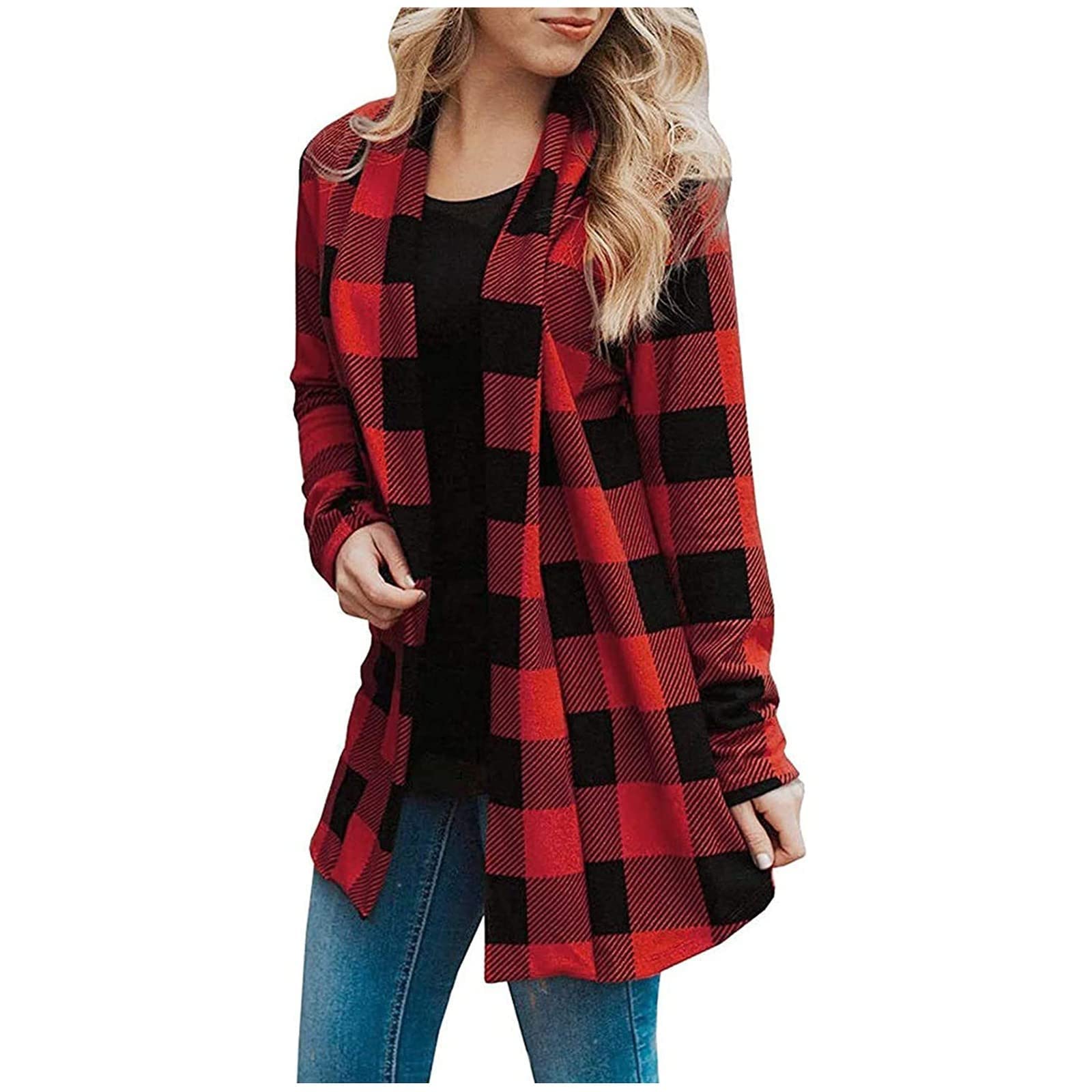 Womens Flannel Cardigan Buffalo Plaid Jacket Loose Long Sleeve