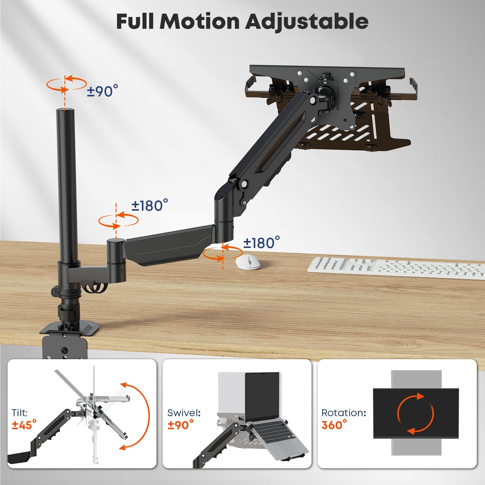 PUTORSEN Supporto a braccio per laptop fino a 18" e monitor da 17-32" | Portata massima 9 kg, supporto per monitor extra lungo con ripiano per laptop, sezione centrale rimovibile, VESA 75/100 mm