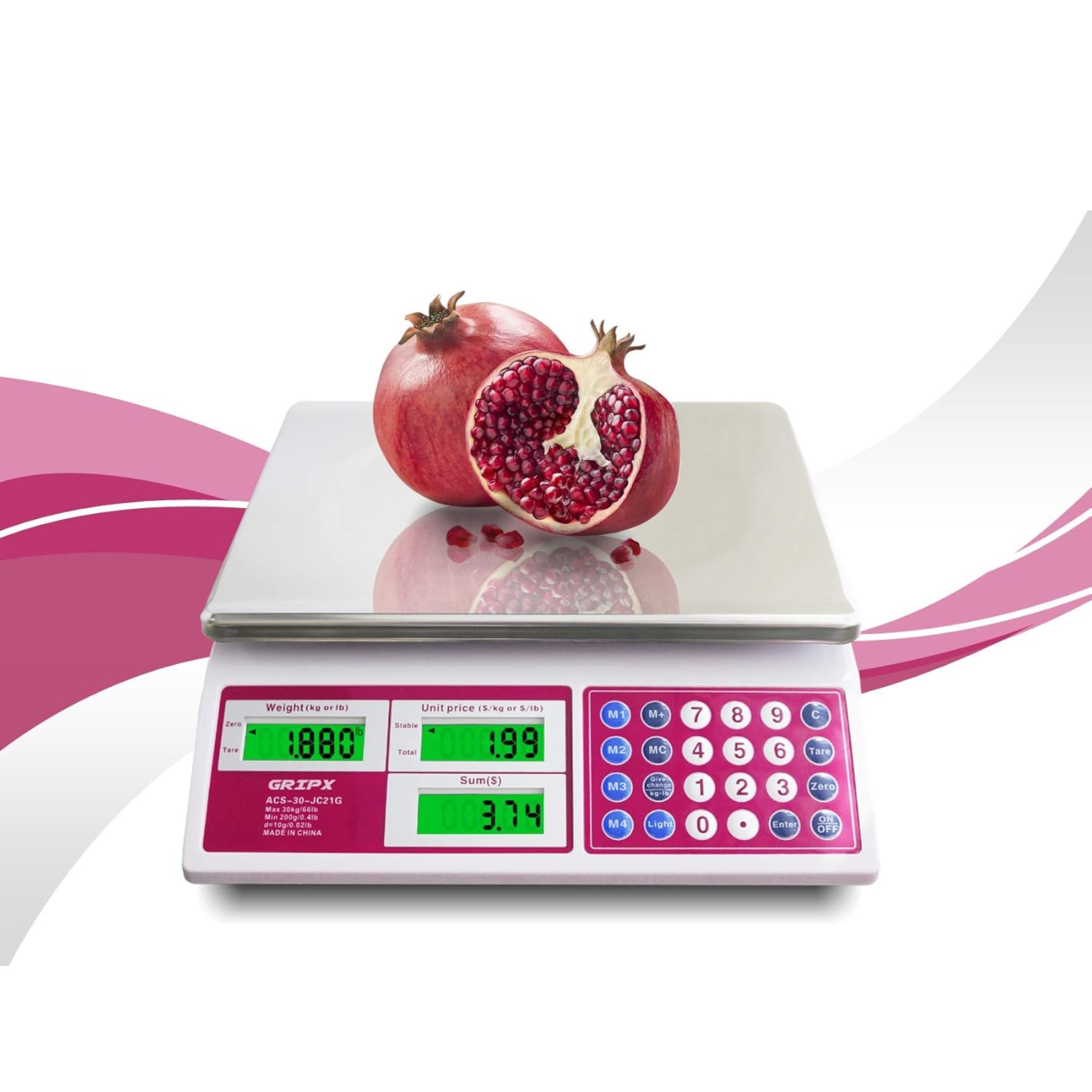 GRIPX Digital Commercial Price Scale with a pomegranate on the platform, displaying weight, unit price, and total price.