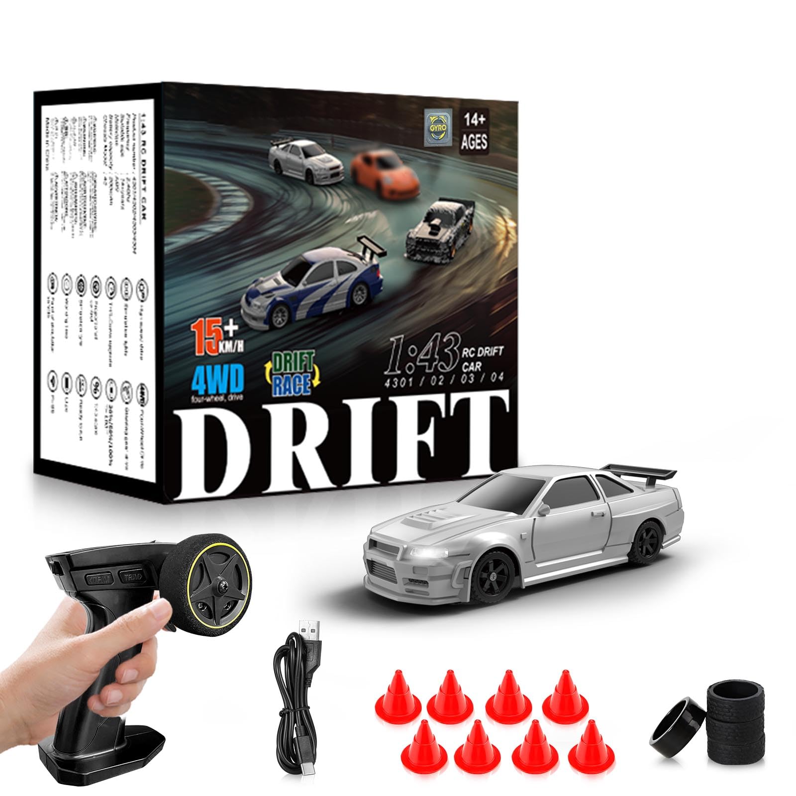 RC Drift Car for Kids, 1/43 Scale Full Proportional Mini Car for Kids, Boys, Girls,Teens, Silver
