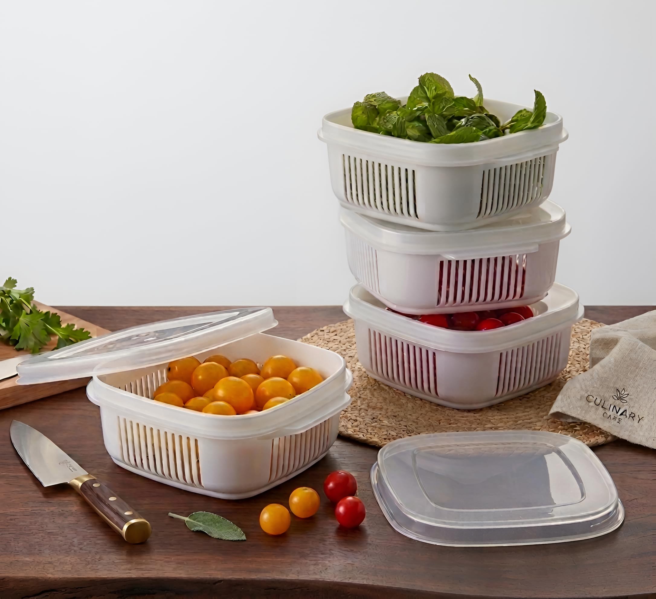 4 Pcs Fridge Storage Containers with Strainer Basket & Lid, Stackable BPA Free Vegetable & Fruit Storage Boxes, Drain Fresh Produce Keeper, Multipurpose Kitchen Organizer for Fridge & Freezer & Pantry