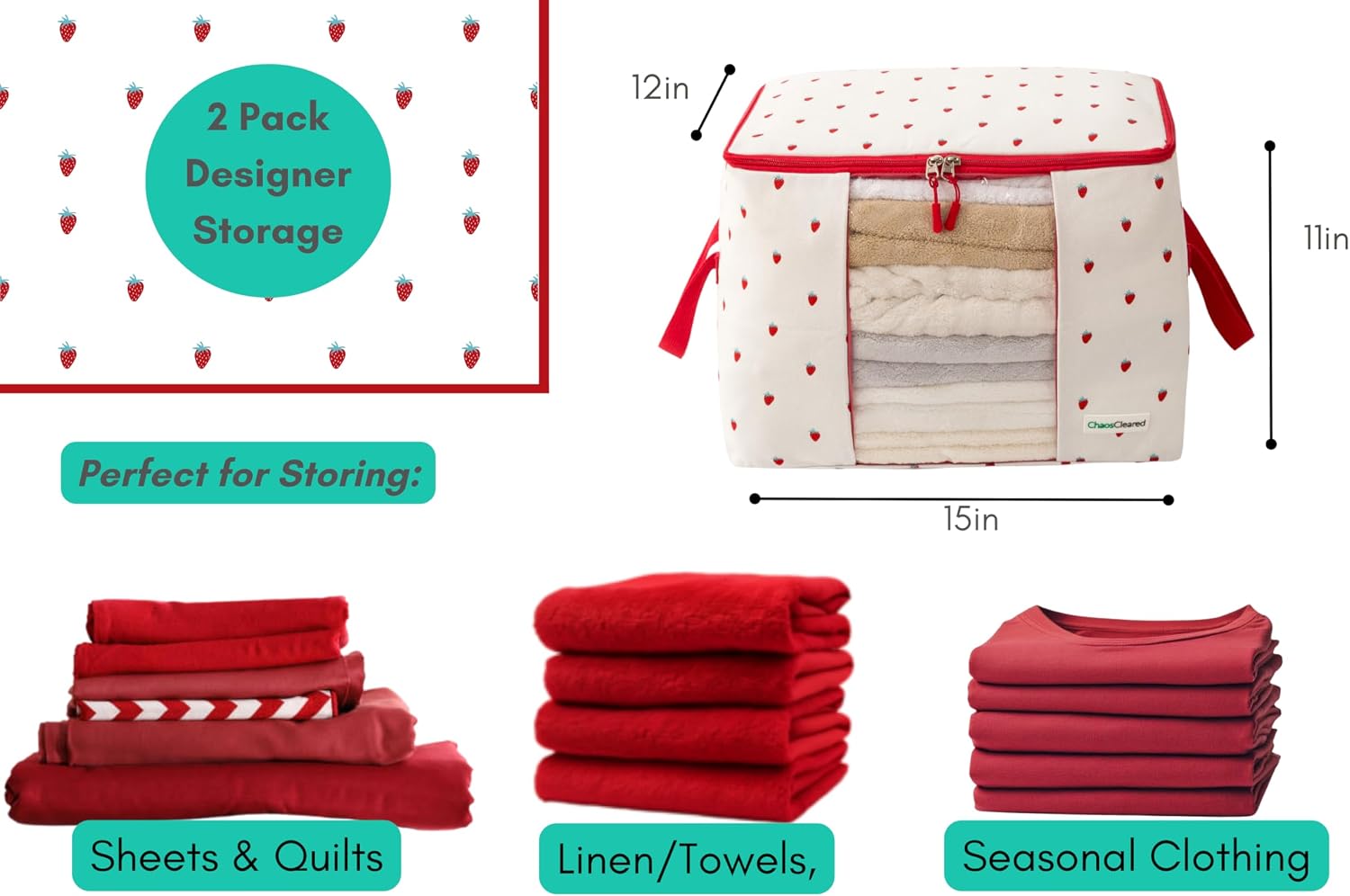 Chaos Cleared Canvas Storage Bags Designer Organizer 2 Pack – Seasonal Storage for Sweaters, Blankets, Linens & Garments – Foldable Design with Zip & Window, Moth-Proof Space Saver, Strawberry Print