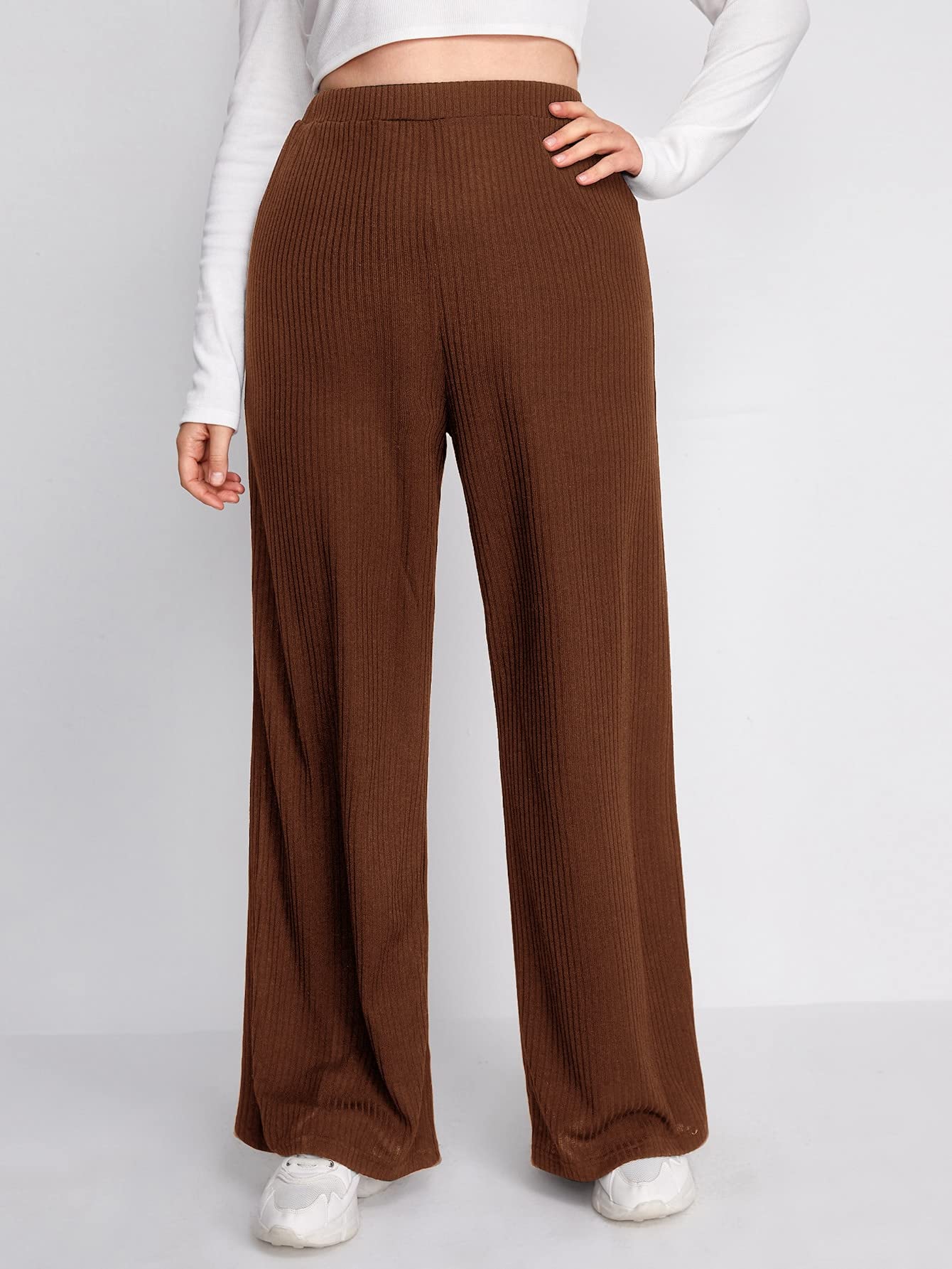 Womens Plus Size Fashion Casual Pants Plus Rib-Knit Wide Leg Pants Leisure Comfortable Fashion Special Novelty Color Brown