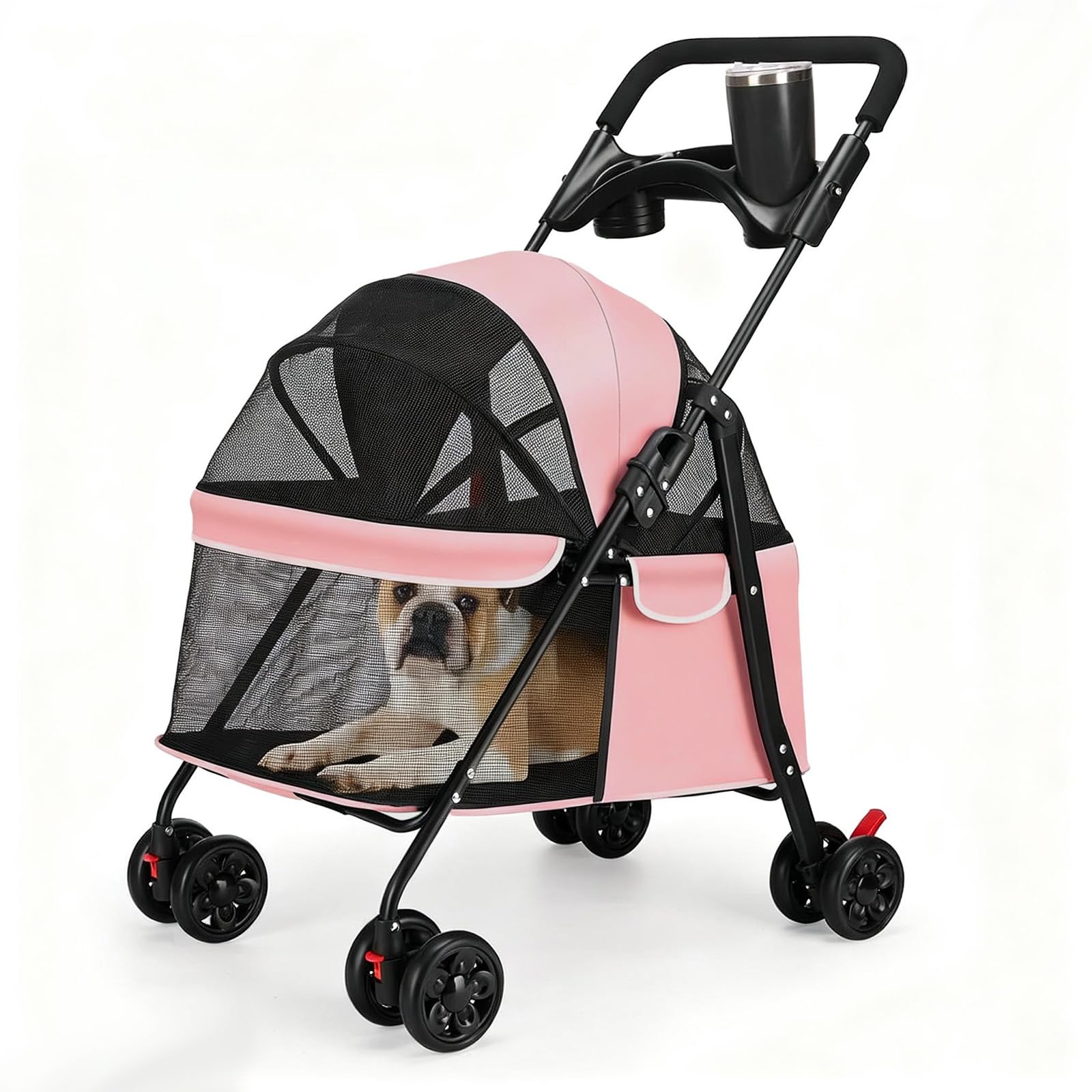 Dog Pram 4 Wheel Pet Stroller for Small to Medium Pets, Foldable Travel Carrier with Cup Holder, Storage Basket, Breathable Mesh Windows and Rear Brake (Pink)