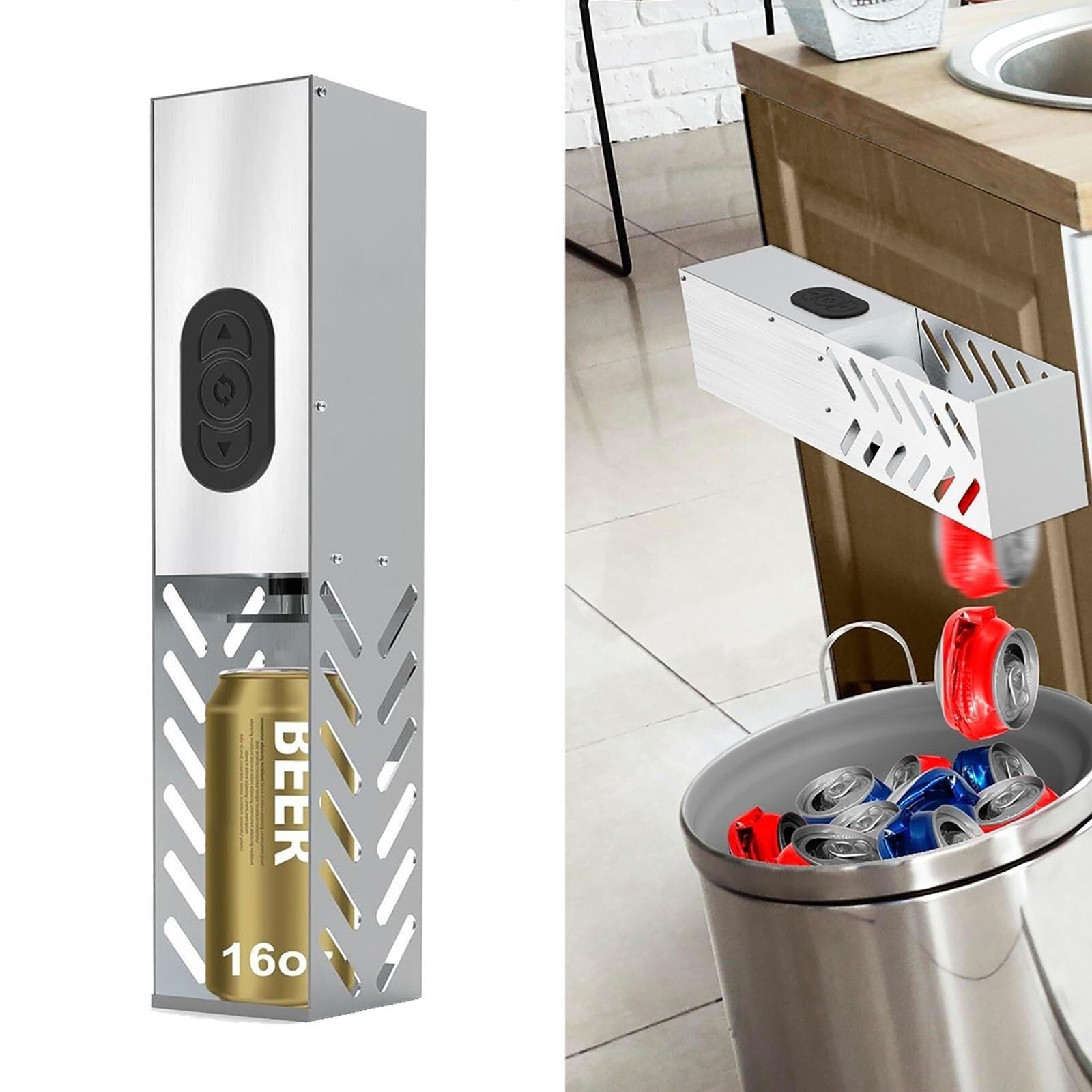 Elektryczny Rozdrabniacz Puszek Automatyczny Muralny Rozdrabniacz 12oz-16oz，Sterowanie Przyciskiem Elektrycznym，80% Redukcja Objętości，Recykling Puszek Aluminium Soda Seltzer Cola Piwo