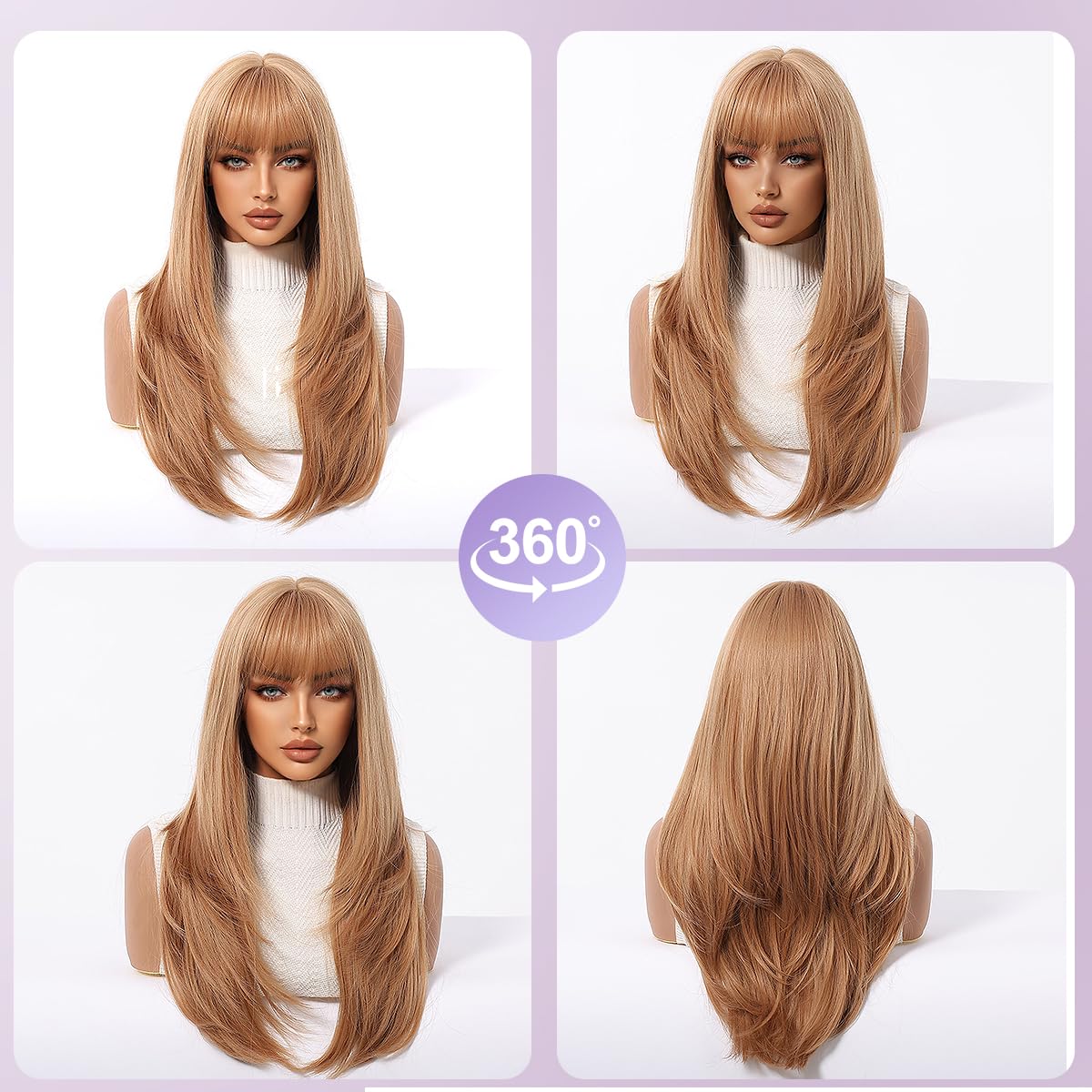 Wig with Bangs Long Straight Layered Wigs Natural Looking Synthetic Glueless Wigs for Women Daily Party Use 24 Inch (Honey Blonde, 24 Inch) - Image 5