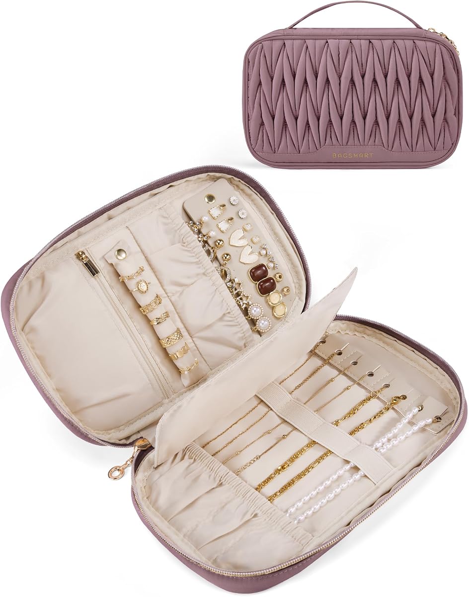 BAGSMART Estuche de joyería de viaje Organizadores de joyas y almacenamiento Organizador de aretes para mujeres Porta collares Rollos de joyería para collares, aretes, pulseras-púrpura