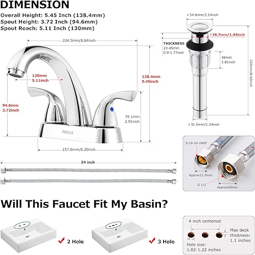 Miniatura 5 de PARLOS Grifo de lavabo de baño de 2 manijas con montaje de drenaje y línea de suministro, mezclador de grifo de lavabo cUPC sin plomo, grifo de