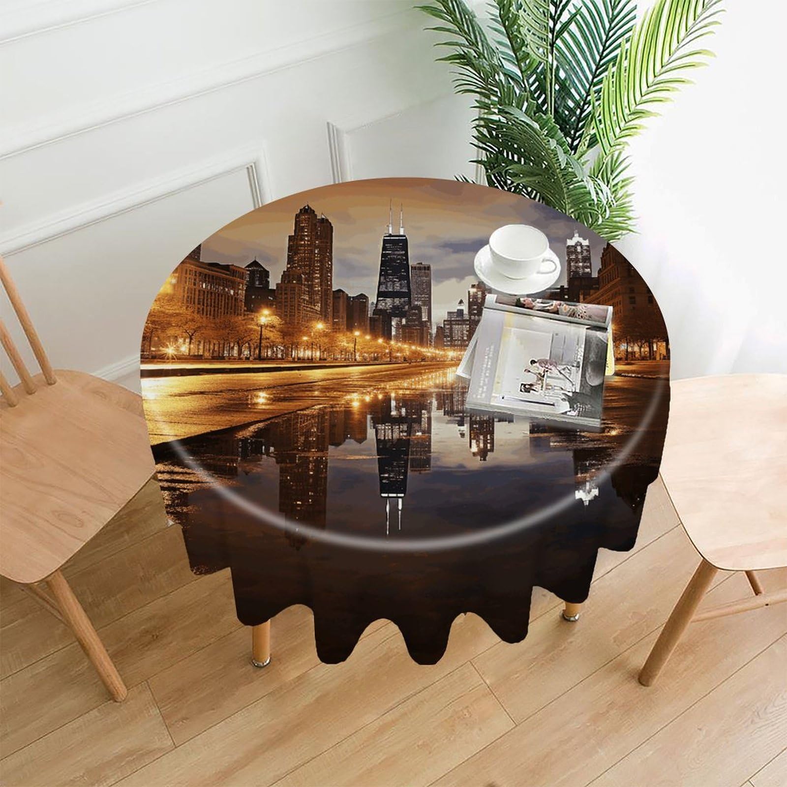 VstaDank Chicago Tablecloth Easy to Clean Polyester Round Table Cover Washable Round Table Cloth Wrinkle-Free Circle Decoration Tablecloth for Kitchen Dining Room 60"
