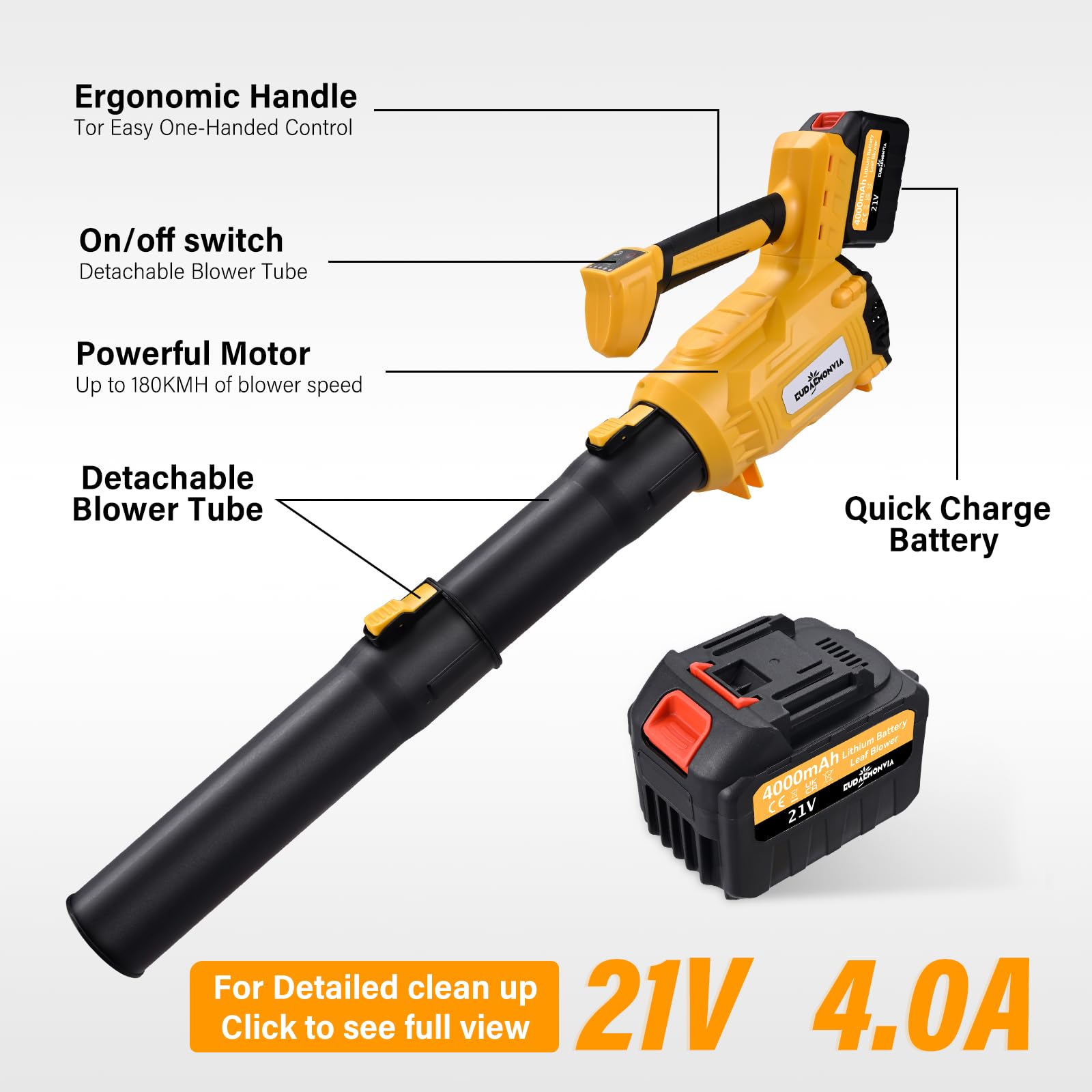 Soffiatore per foglie senza fili, 350 W, 4000 mAh, batteria al litio con 2, velocità regolabile (giallo)