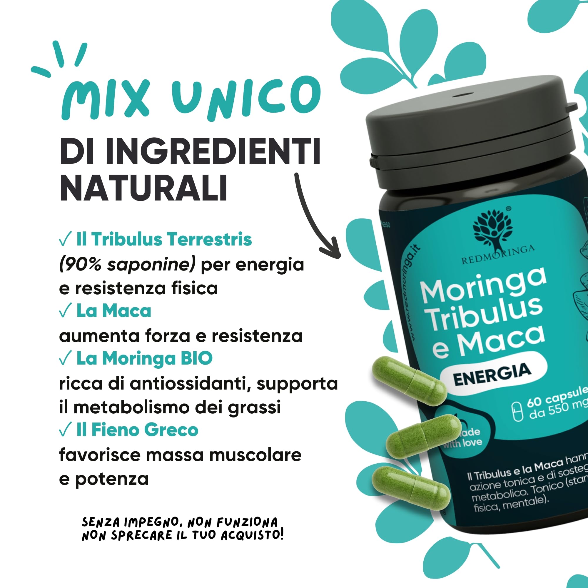 Tribulus Terrestris 90% Saponine Steroidee Maca Fieno Greco | Integratore Energia Booster Moringa BIO | Sostegno Massa Muscolare | Tribulus Alto Dosaggio | 100% Naturale | RedMoringa® (60 Capsule)