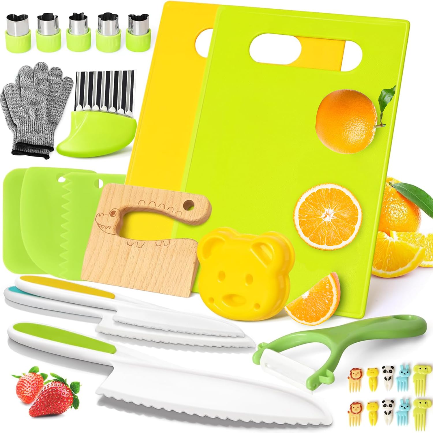 28PCS Toddler Knife Set - Kids Knifes for Real Cooking, Wooden Kids Kitchen Knife Set with Gloves Cutting Board Fruit Vegetable Crinkle Cutters Plastic Kid Safe Knives, Toddlers Kitchen Tools