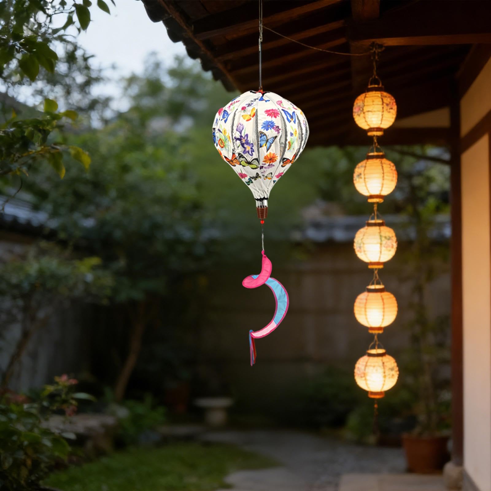 Sharplace Montgolfière, Manche à air, Ornement de Jardin, Moulin à Vent, décoration Suspendue pour pelouse, Porche ou Maison, Papillon Beige