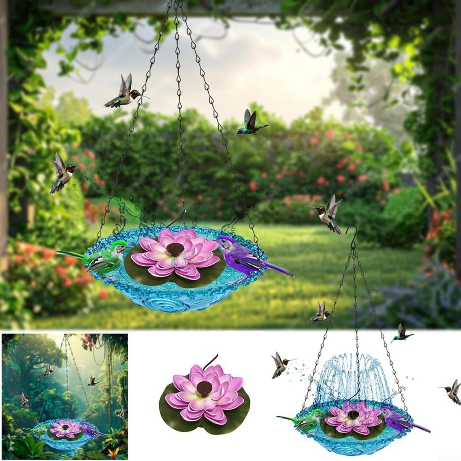 Abbeveratoio per uccelli da appendere all'esterno, alimentato a energia solare, fontana di loto per esterni, giardino, cortile, decorazione ad acqua, 23,5 x 45 cm (blu)