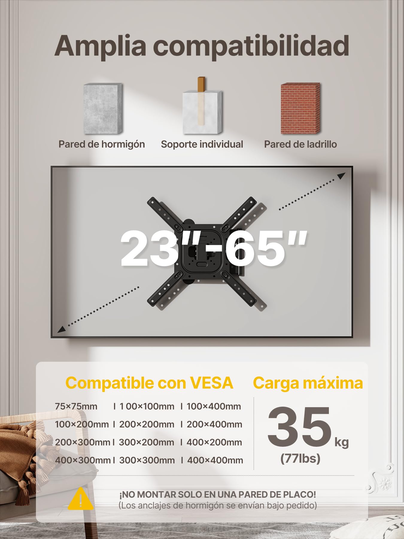 monTEK Soporte TV de Pared 23~65", VESA 400×400mm máx. Carga máx.35kg | Soporte De Televisor De Pared, Soporte De Pared,Inclinación,Rotación,Placas de pantalla/Incurvés