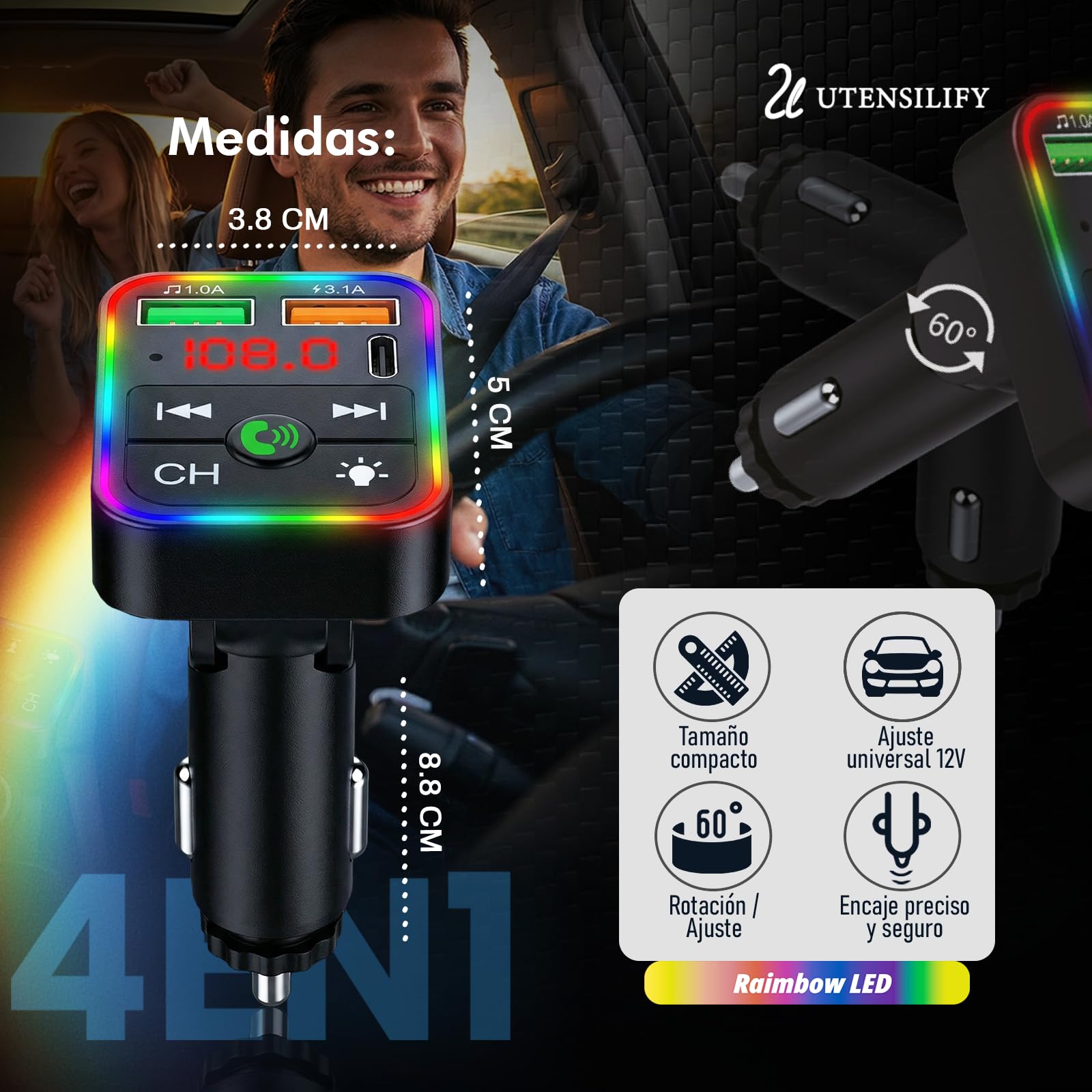 | UTENSILIFY® Transmisor FM Bluetooth Coche Premium | Bluetooth Coche + Cargador Ultra RÁPIDO | Manos Libres | Cargador Carga Rapida|Accesorios Auto | MP3 Reproductor | Bluetooth 5.3 — view 7