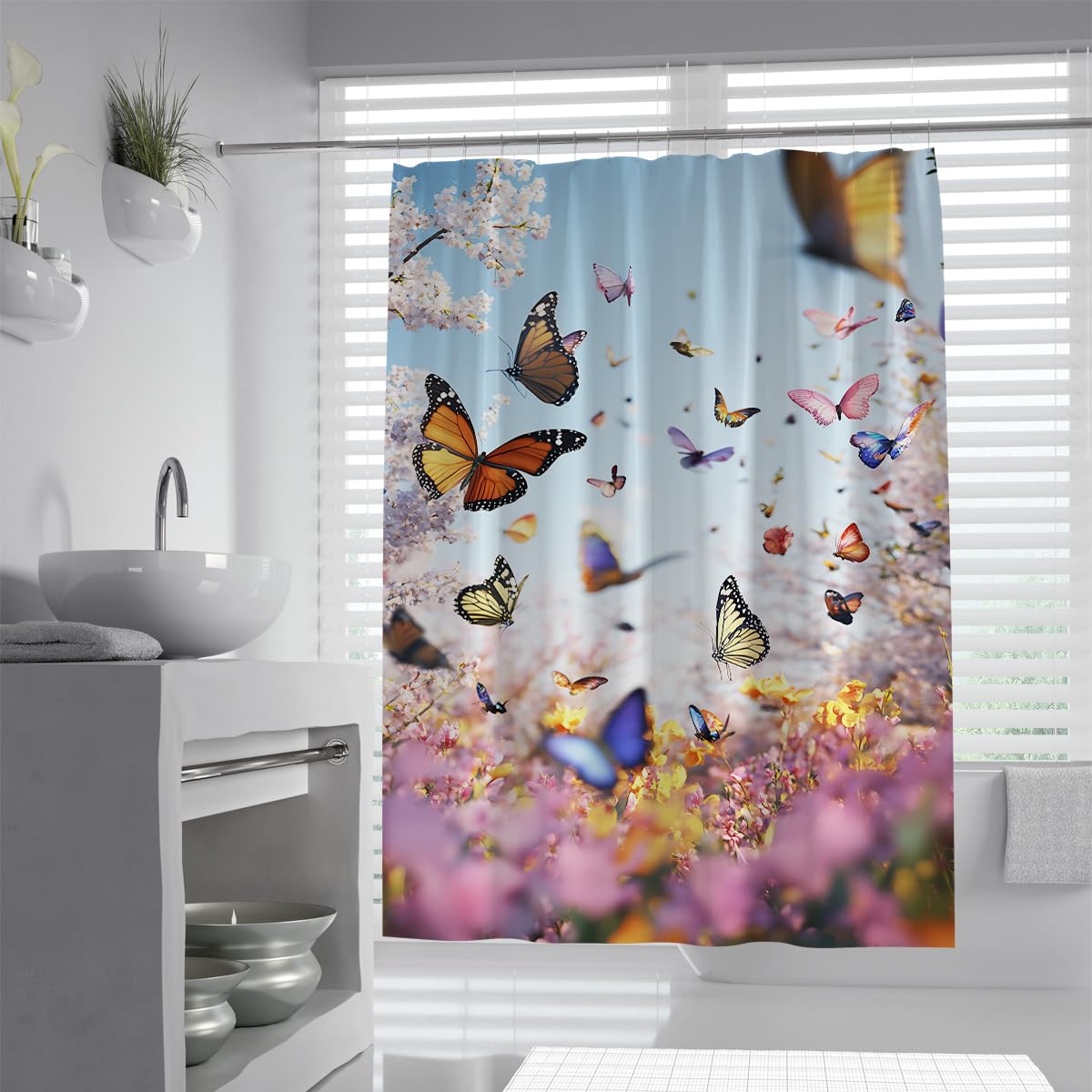 UIRINGART Colorful Botanical Blossom Shower Curtain W200xL200cm Sky Blue Background Pink Floral Field Meadow Pattern Anti Mould Bath Curtains Rustproof Grommets For Bath Tub