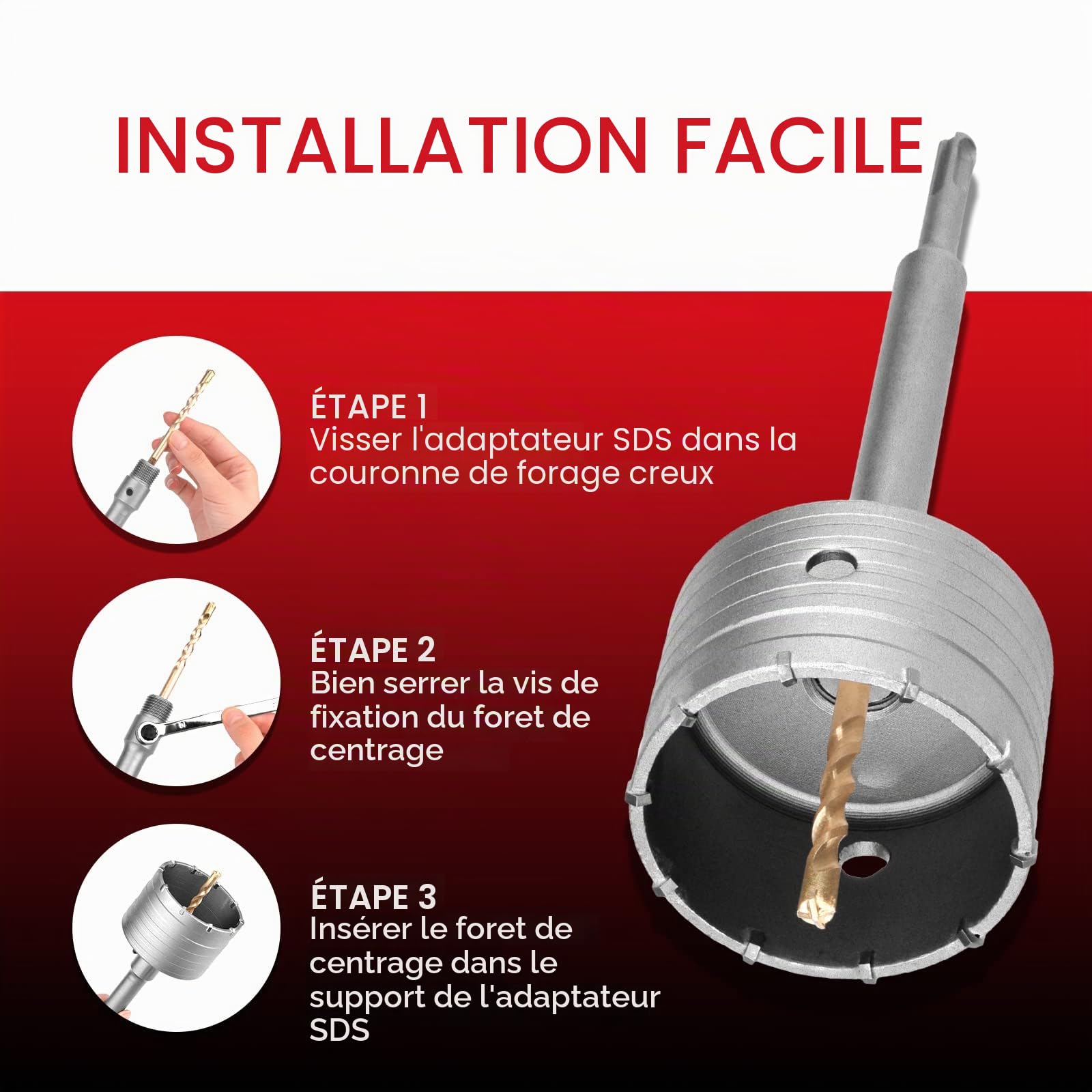 Couronne de forage SDS Plus Ø 125 mm, filetage M22 SDS plus adaptateur 220 mm et foret de centrage 8x110 mm, scie murale pour maçonnerie, pierres naturelles, grès, béton, marbre (125 mm)