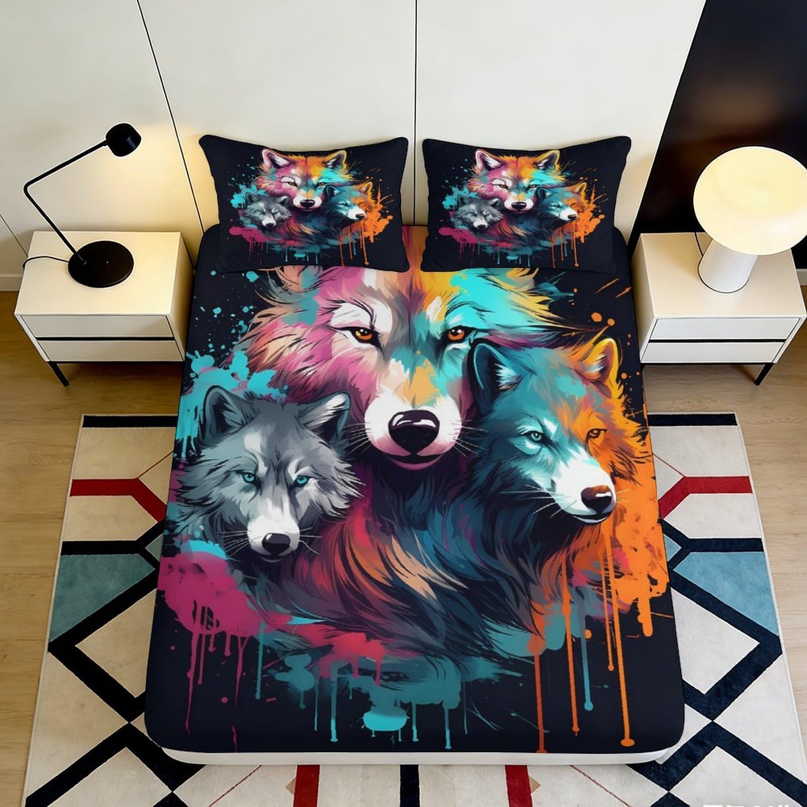 3D Printed Wolf Art Fitted Sheet Microfiber Soft Anti-Slip Mattress Cover for Bedroom Dorm Decor Dustproof 90x200x25cm