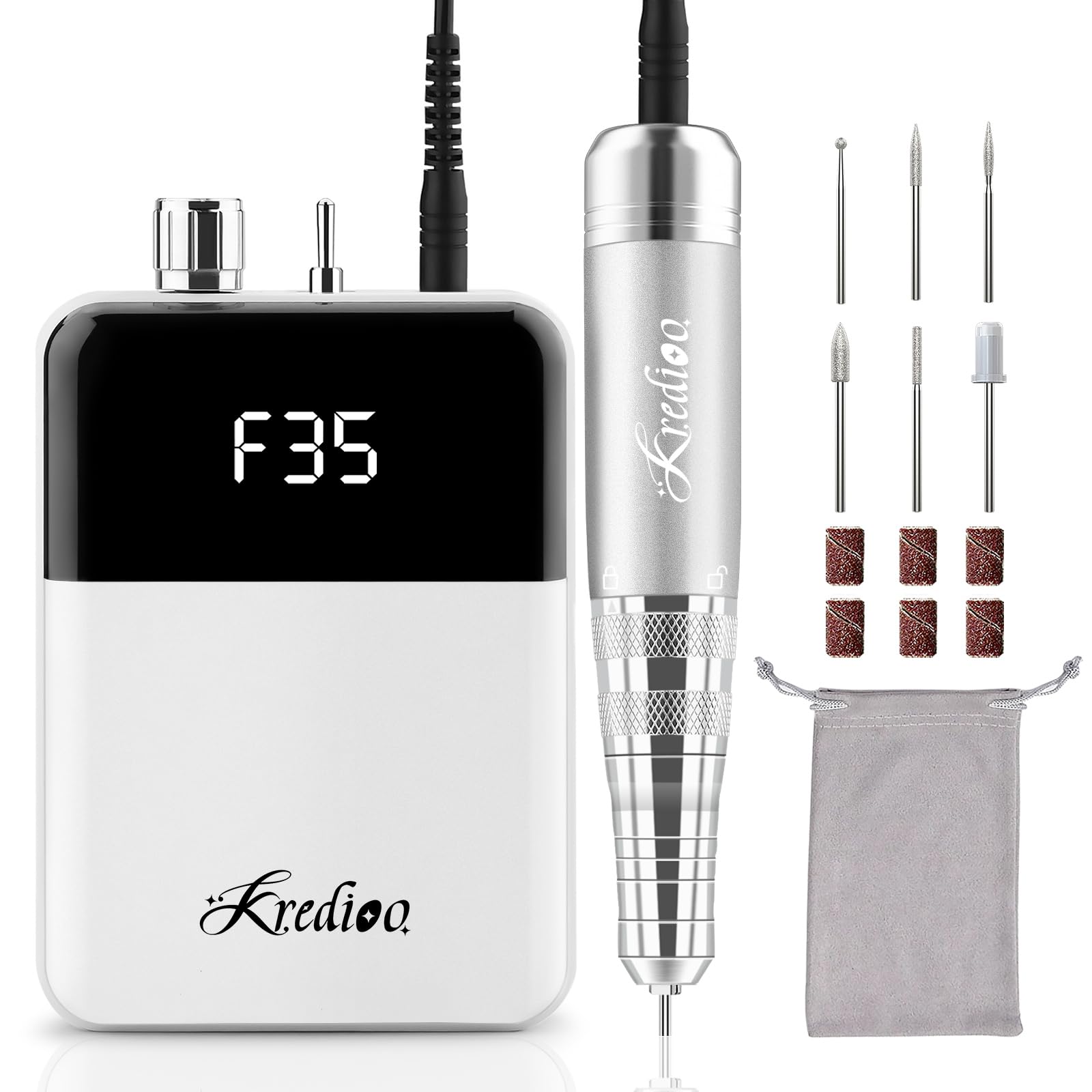 Kredioo Torno para Uñas Profesional 35000RPM, Pórtatil Ligero Y Recargable, 6 Brocas Lima Eléctrica de Manicura y Pedicura, Pulidor Set, Taladro Eléctrico, Limado Kit de Fresas con Batería, Blanco
