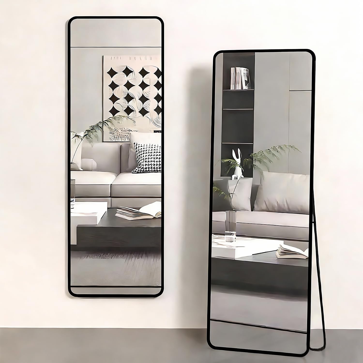 devesanter Ganzkörperspiegel 49×159 cm mit schwarzem Metallrahmen | Großer Bodenspiegel vielseitig nutzbar zum Aufstellen,Anlehnen oder Aufhängen für Schlafzimmer,Wohnzimmer und Ankleide