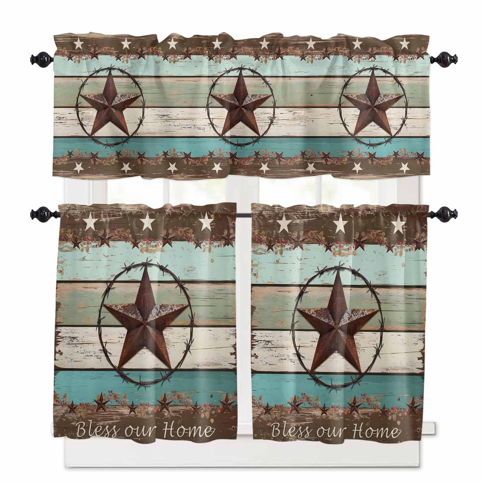 West Texas Star Rustic Kitchen Curtains 36 Inch Length,3 Piece Rod Pocket Small Half Tiers and Valance Set,Farmhouse Teal Green Wood Plank Small Large Window Treatment Decor for Bedroom/Bathroom Sink