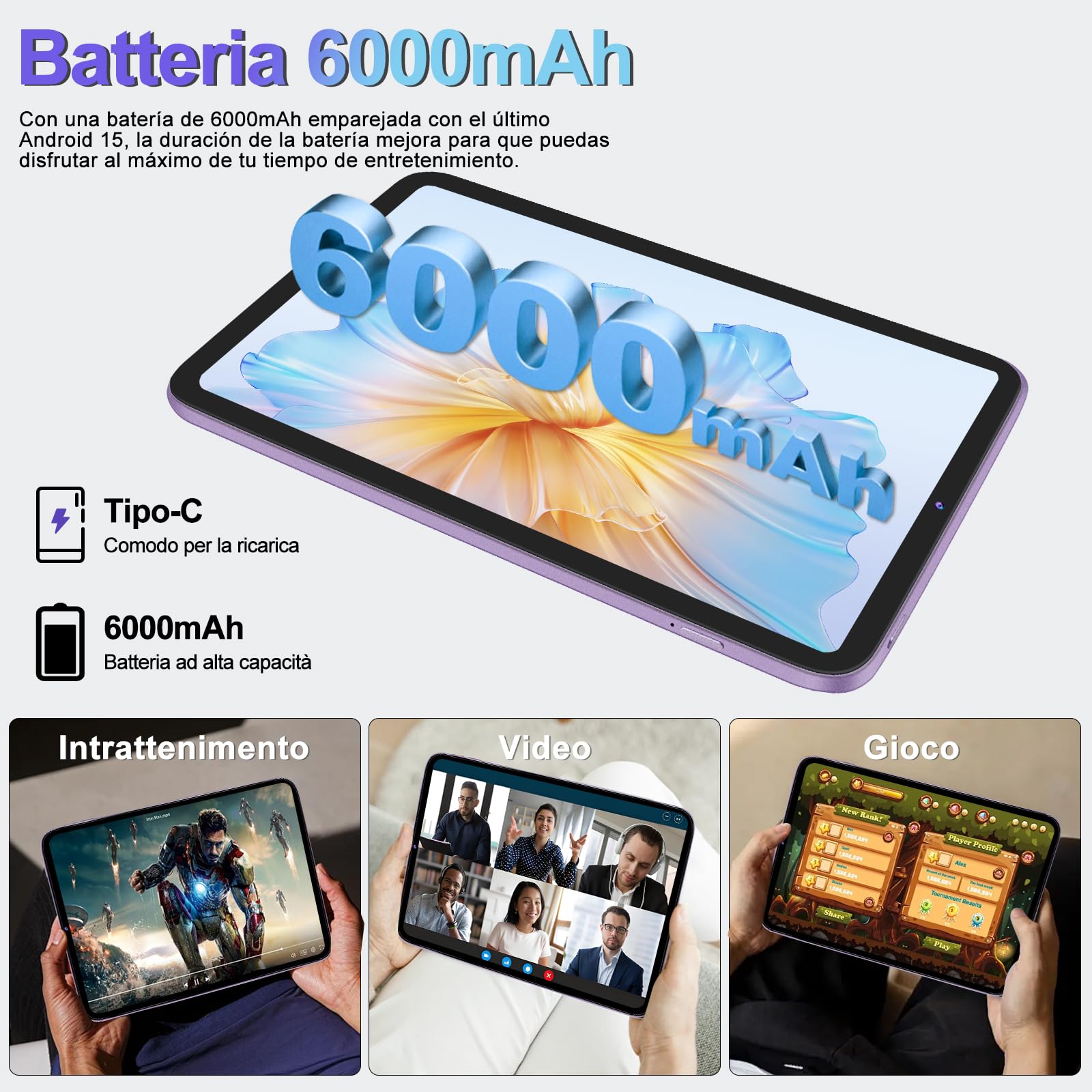 Tablet 10 Pollici Android 15 con Gemini AI, 22GB RAM+ 128GB ROM+2TB Esp., Widevine L1, Octa-Core, WiFi 6, BT 5.0, 6000mAh, Fotocamera 8/5 MP, con Tastiera, Mouse e Custodia, Corpo in Metallo, Viola