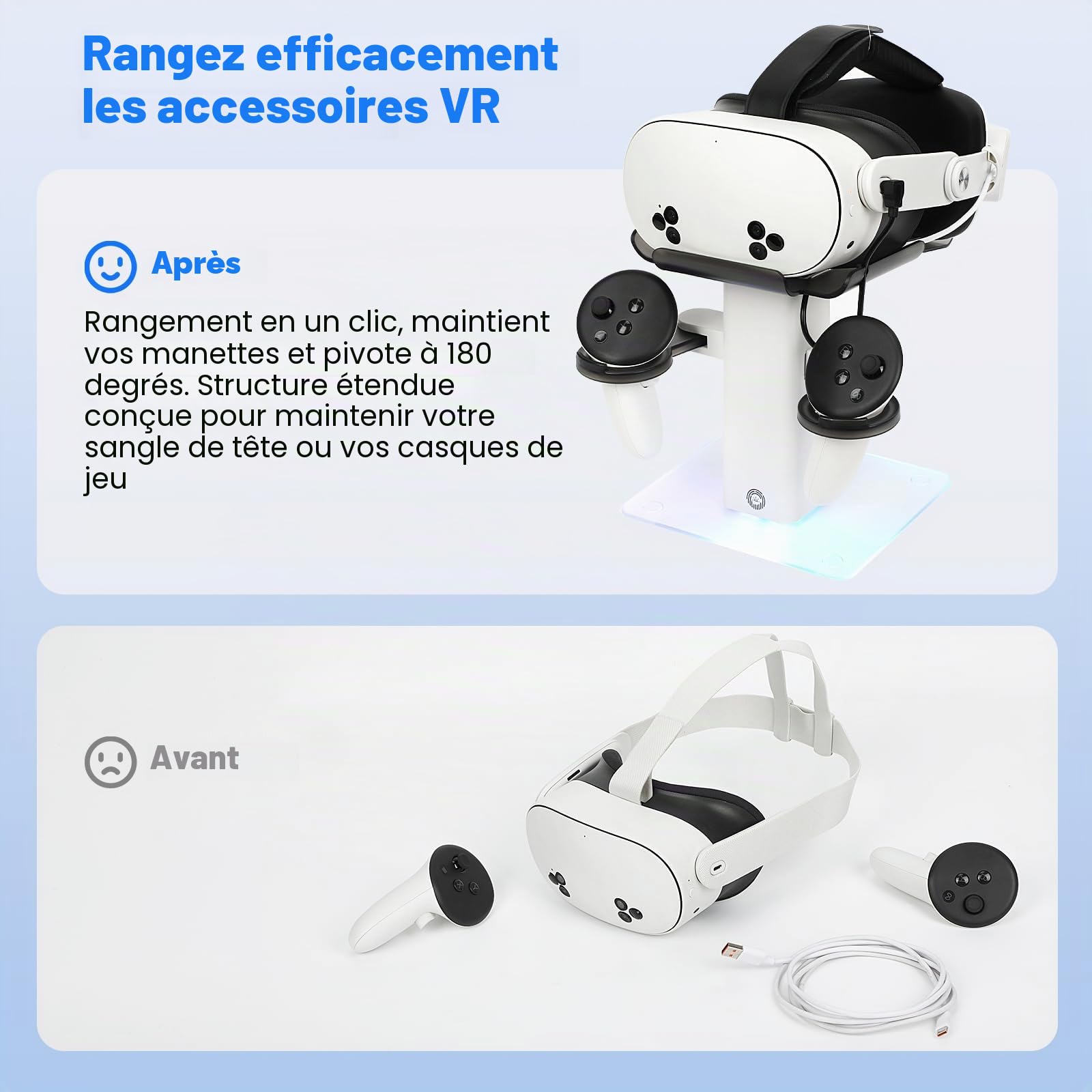 Design Station de Charge Compatible avec Meta Quest 3S/Quest 3 Accessoires,Support Vertical de Charge RVB, lumière LED inférieure et Tapis antidérapant (Blanc)