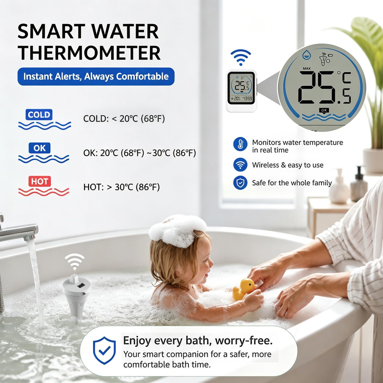 Pool Thermometer Funk, Poolthermometer Digital Funk, Schwimmendes Pool Thermometer mit IP68 Wasserdicht, Basisstation für Innenraum mit Temperatur & Uhrzeit, mit Außensensor, für Pool Teich Whirlpool