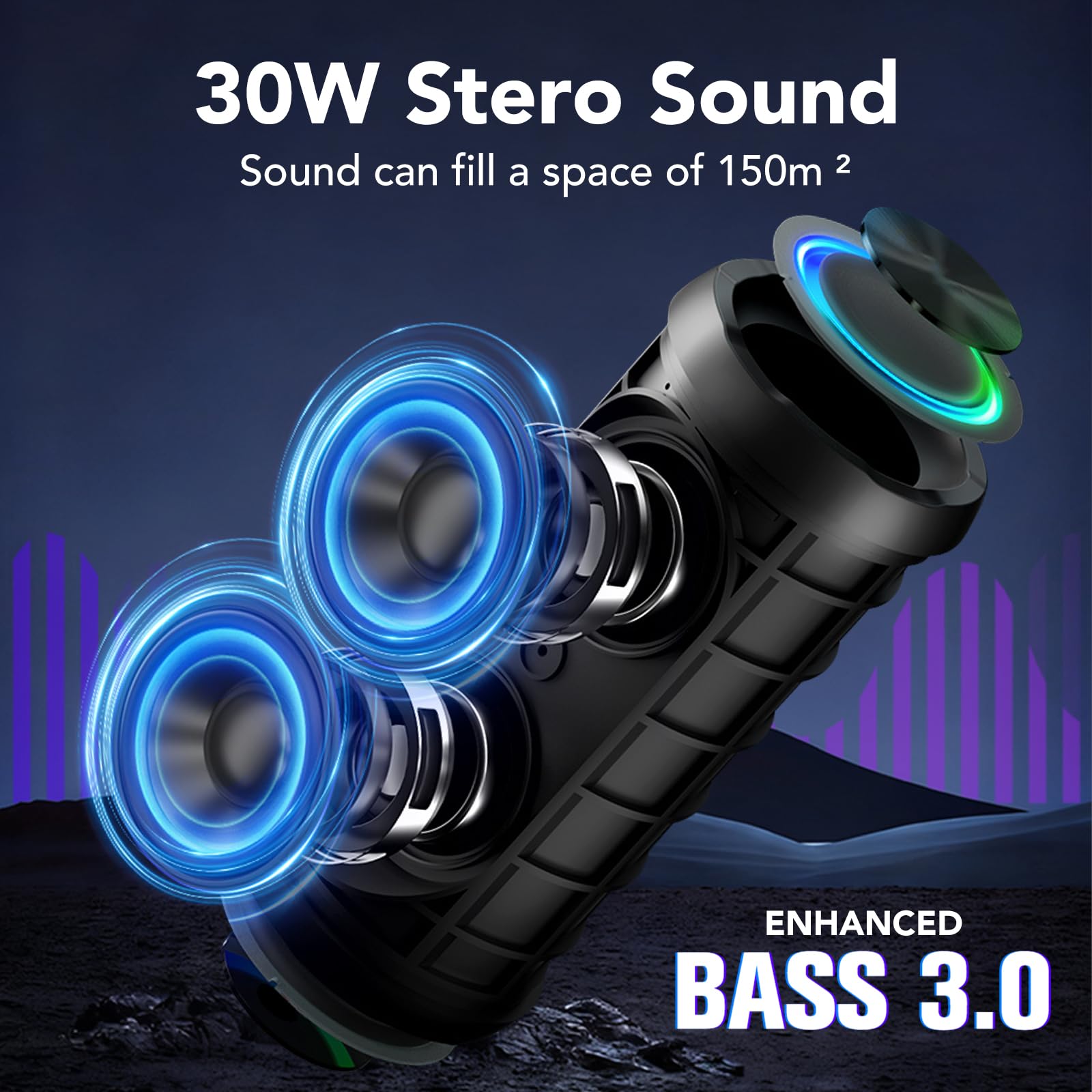 Cassa Bluetooth Portatile Potente 30W, Altoparlante Bluetooth 5.4 con Miglioramento Basso 3.0, IPX7 Speaker BluetoothAccoppiamento TWS, 30H di Autonomia con 8 Modalità RGB, Supporto Micro-Con, AUX, TF