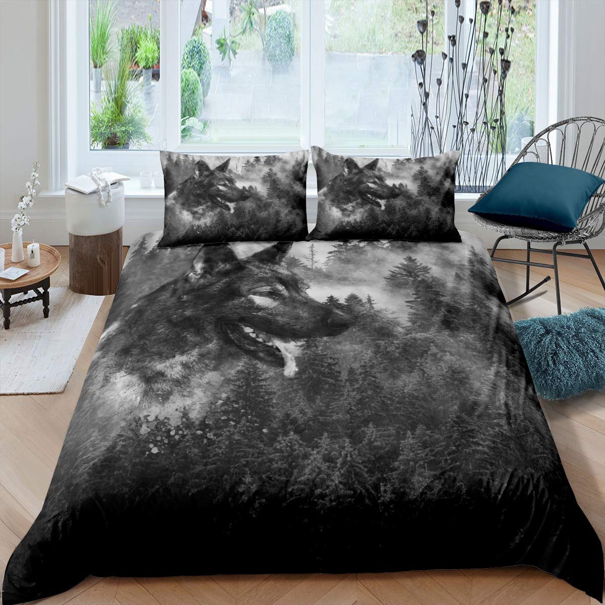 Wild Wolf Comforter Cover Safari Animal Bedding Set Cool Wildlife Style Duvet Cover for Children Kids Boys Girls Tree Nature Gray Bedspread Cover Room Decor Bedclothes King Size