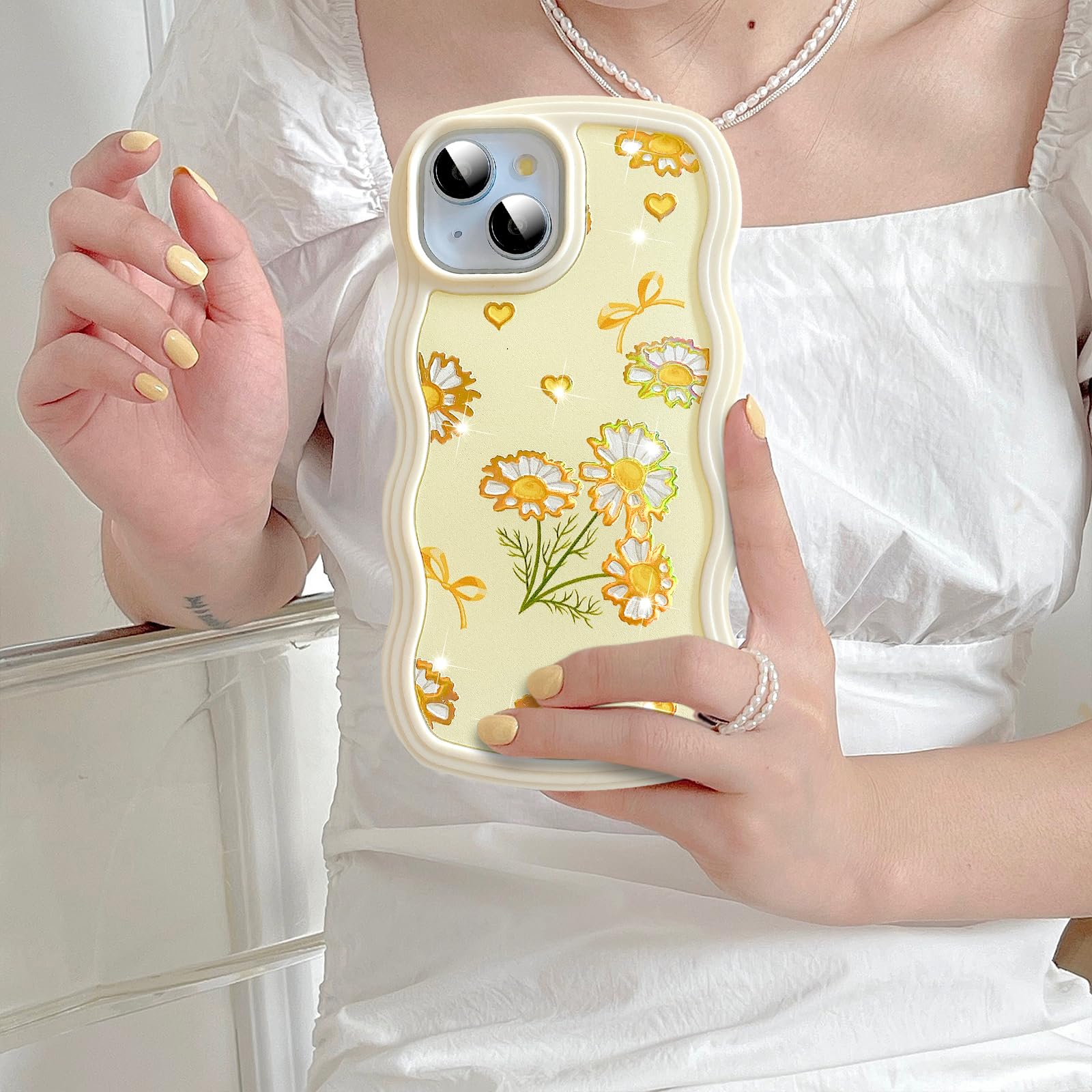 UEEBAI for iPhone 15 Plus & 14 Plus Case, 6.7" Floral Wave Frame Cute Curly Flower Case with Aesthetic Pattern - Image 4