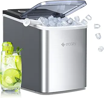 ecozy Portable Ice Maker Countertop, 9 Cubes Ready in 6 Mins, 26.5 lbs in 24 Hours, Self-Cleaning Ice Maker Machine with Ice Bags/Ice Scoop/Ice Basket for Home Kitchen Office Bar Party, Silver