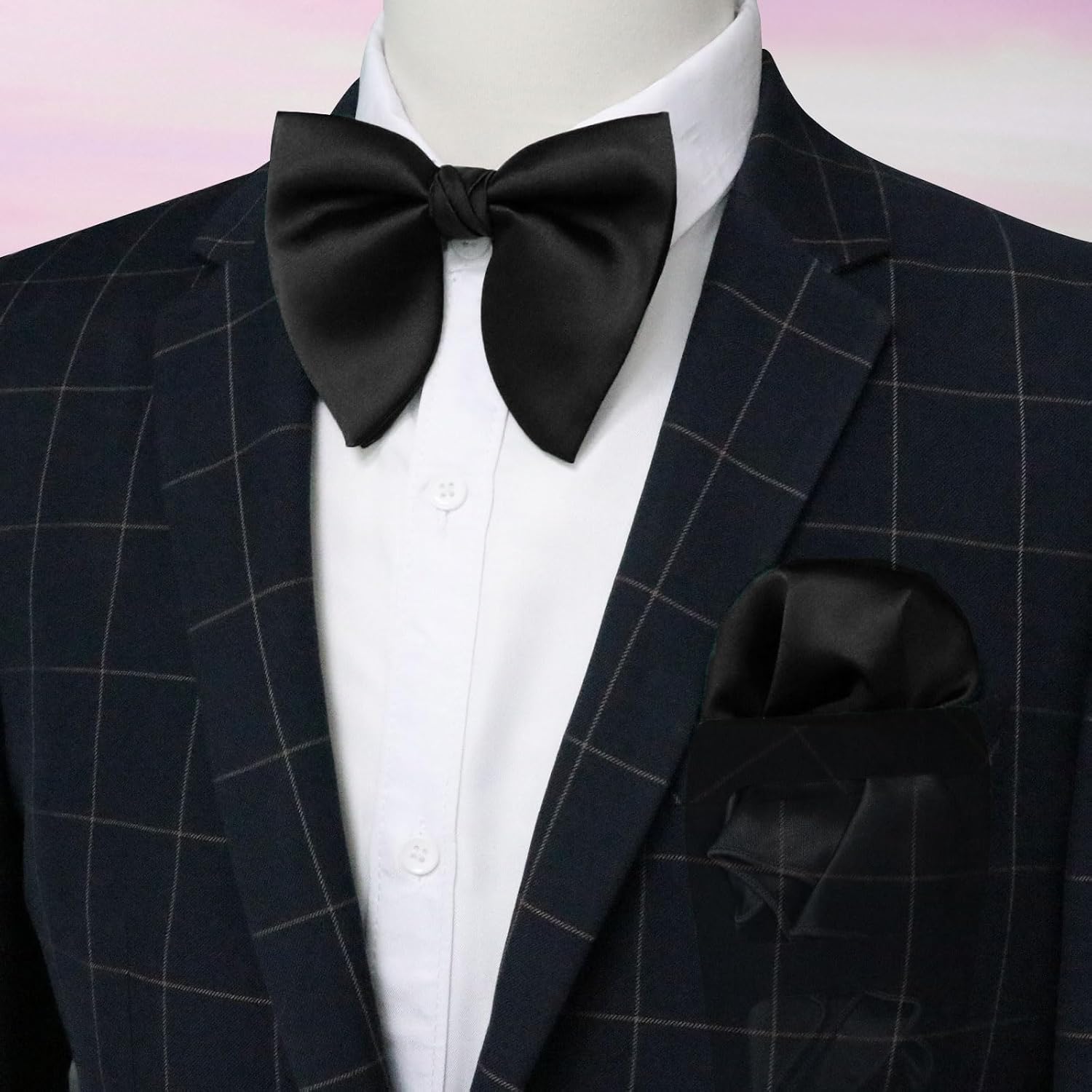 Oversized Bow Ties for Men, Pre-Tied Bow Tie and Handkerchief with Pocket Square Holder Set for Wedding Party Daily