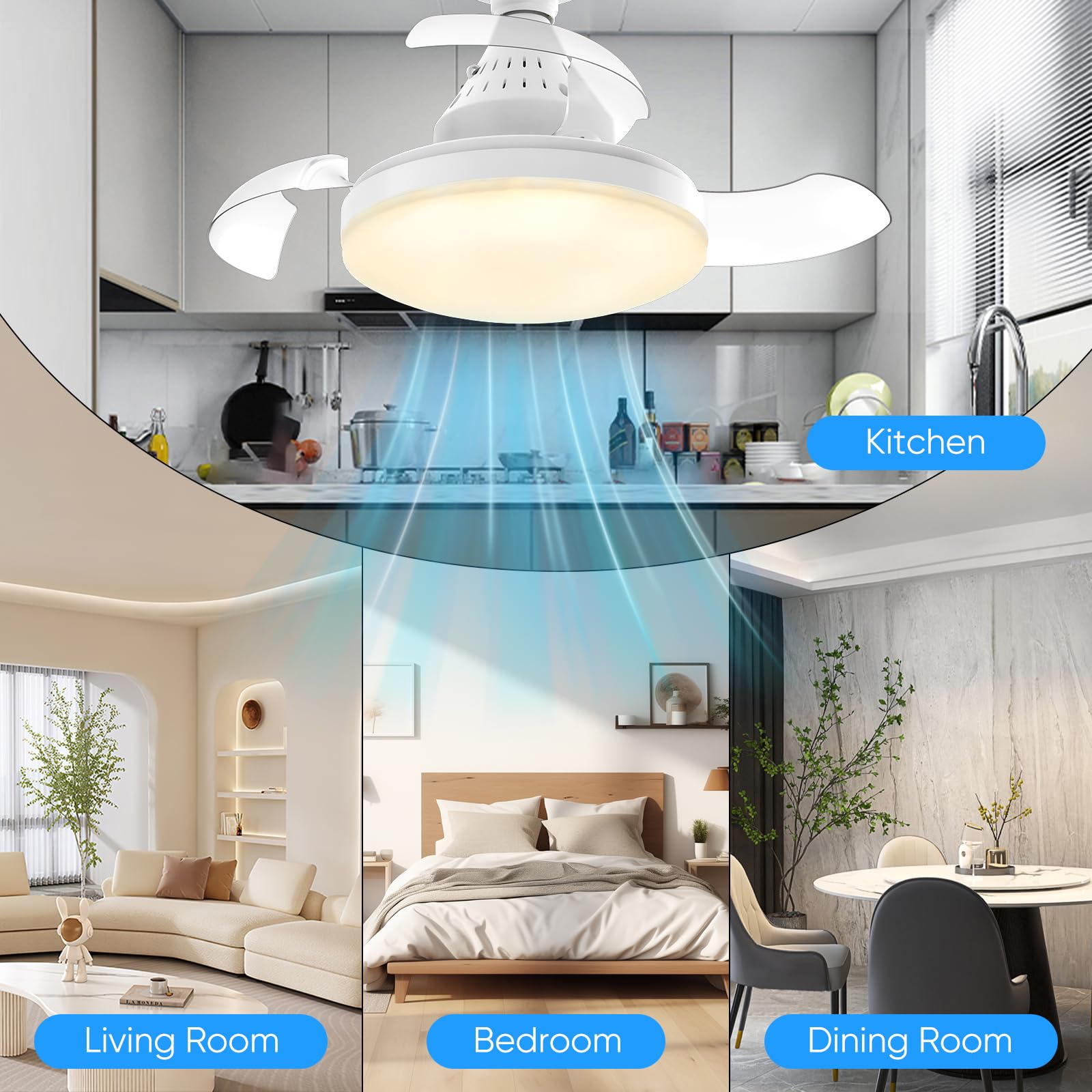 40cm Ventilador de Techo con Luz LED Regulable 30W Enchufe E27, Aspas Invisibles con Control Remoto, 4 Velocidades Ajustables 3 Temperaturas de Color 2400lm, para Dormitorio Salón Cocina Pasillo (A)