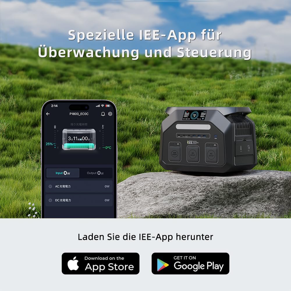 IEE P1800 Tragbare Powerstation, 1024Wh LiFePO4-Batterie, 1800W AC (3600W Peak)/100W USB-C Ausgang, 8ms USV Solar Generator für Camping, Reise, Hausgebrauch