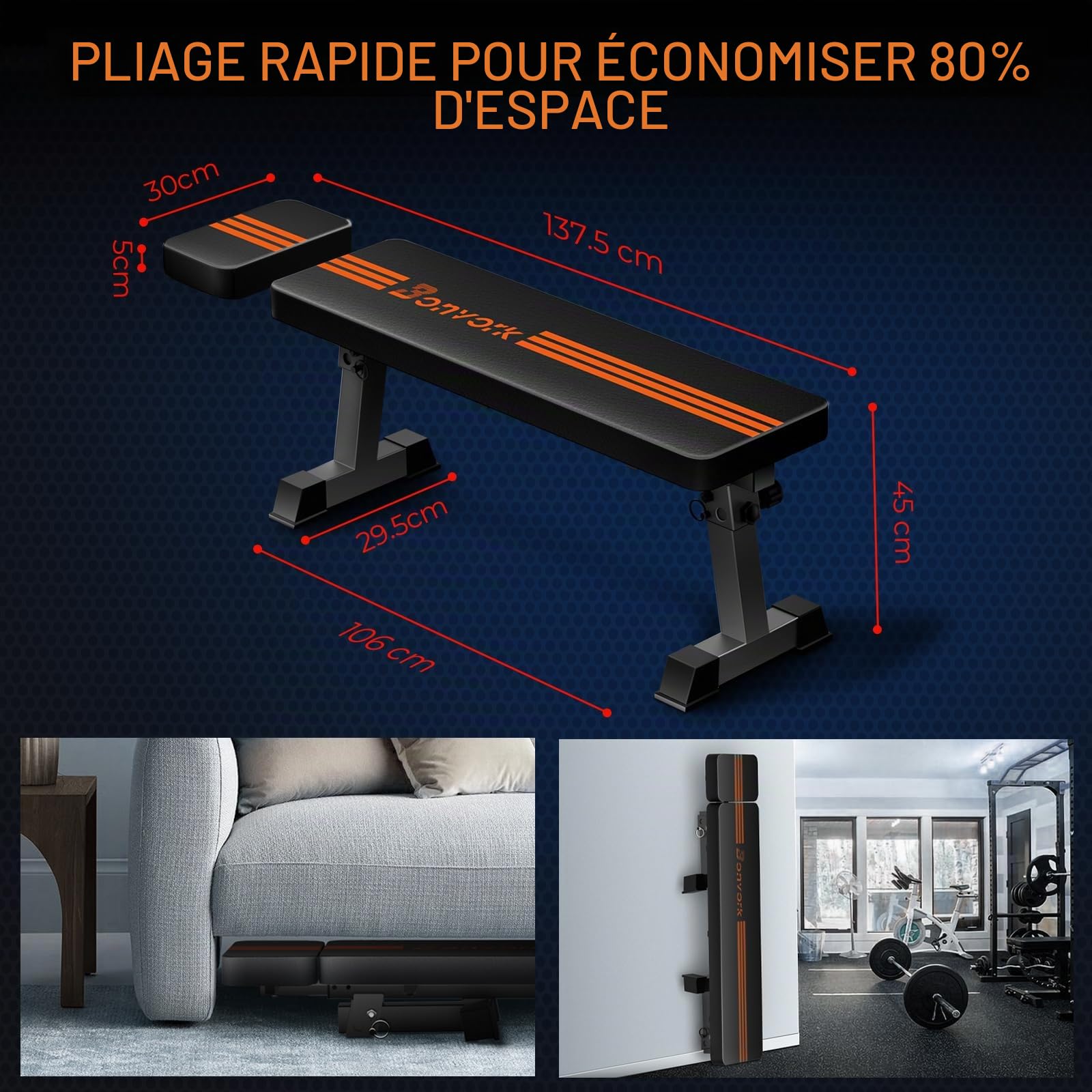 Banc de musculation plat de 550 kg avec appui-tête – Bonvork 138 cm rallongé, banc de fitness, banc de fitness, banc plat pour la salle de fitness à domicile, la musculation, le développé couché pour