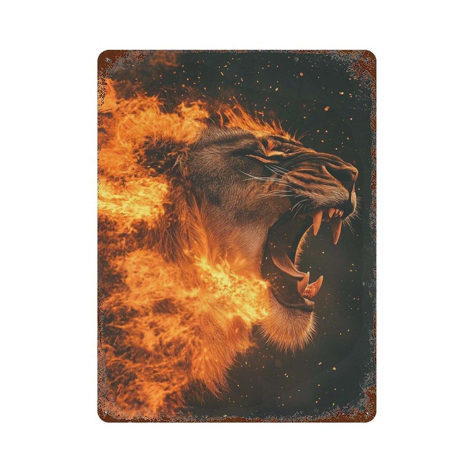 Rust Effect Fiery Lion Roar Rusty Metal Tin Sign 15.7"x11.8", Old School Wall Decor for Cafe, Home Bar And Lounge Decor