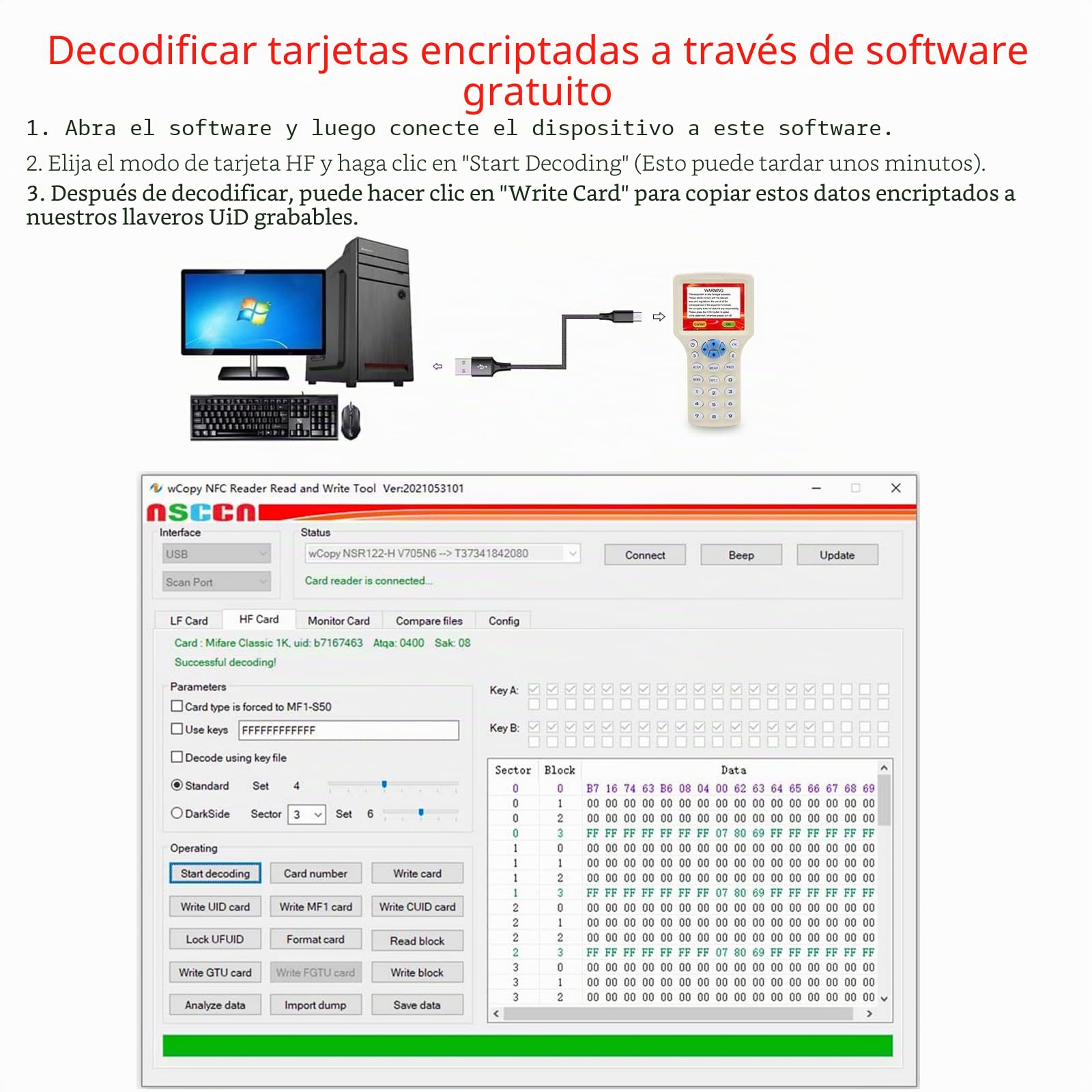 Lector de tarjetas y fotocopiadora, lector NFC, 125 KHz, 13,56 MHz, 10 frecuencias, RFID, llavero, lector de tarjetas, escritor, decodificador de tarjetas cifrado, con tarjeta USB para