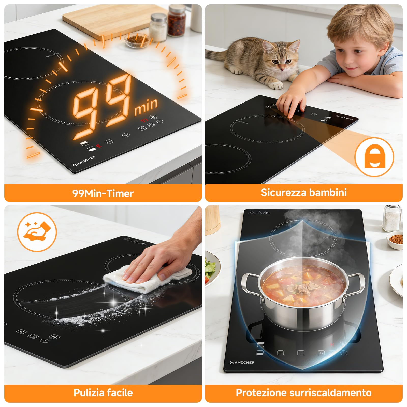 AMZCHEF piastra induzione 2 fuochi, con riscaldamento continuo, 10 livelli di potenza e funzione Boost, blocco di sicurezza e timer, protezione dal surriscaldamento, da incasso/portatile, 3700W