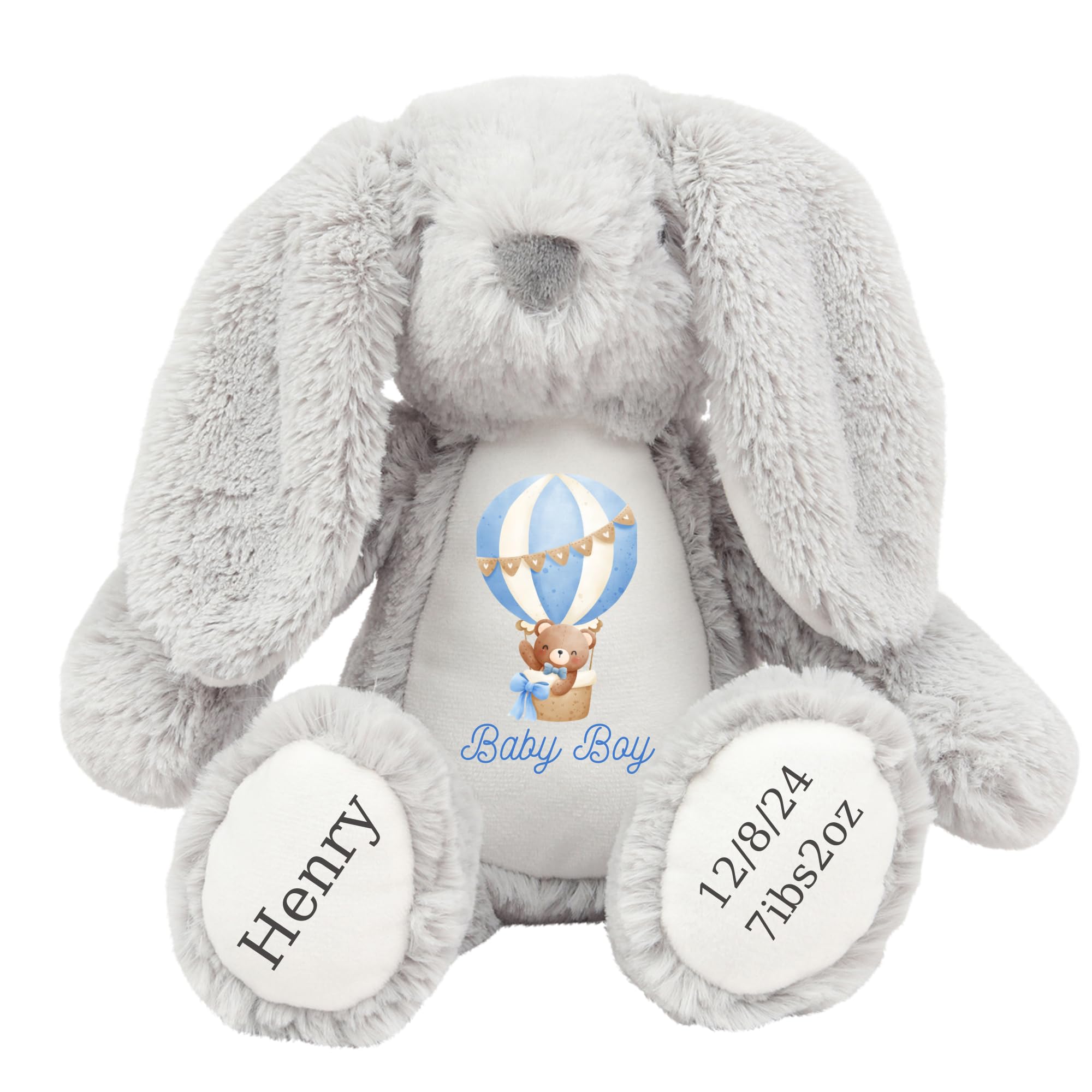 HotScamp Personalised Bunny Newborn New Baby Boy New Birth Announcement Custom Plush Named Baby Name - Cuddly Toy Comforter Special Nursery Keepsake - Grey Bunny