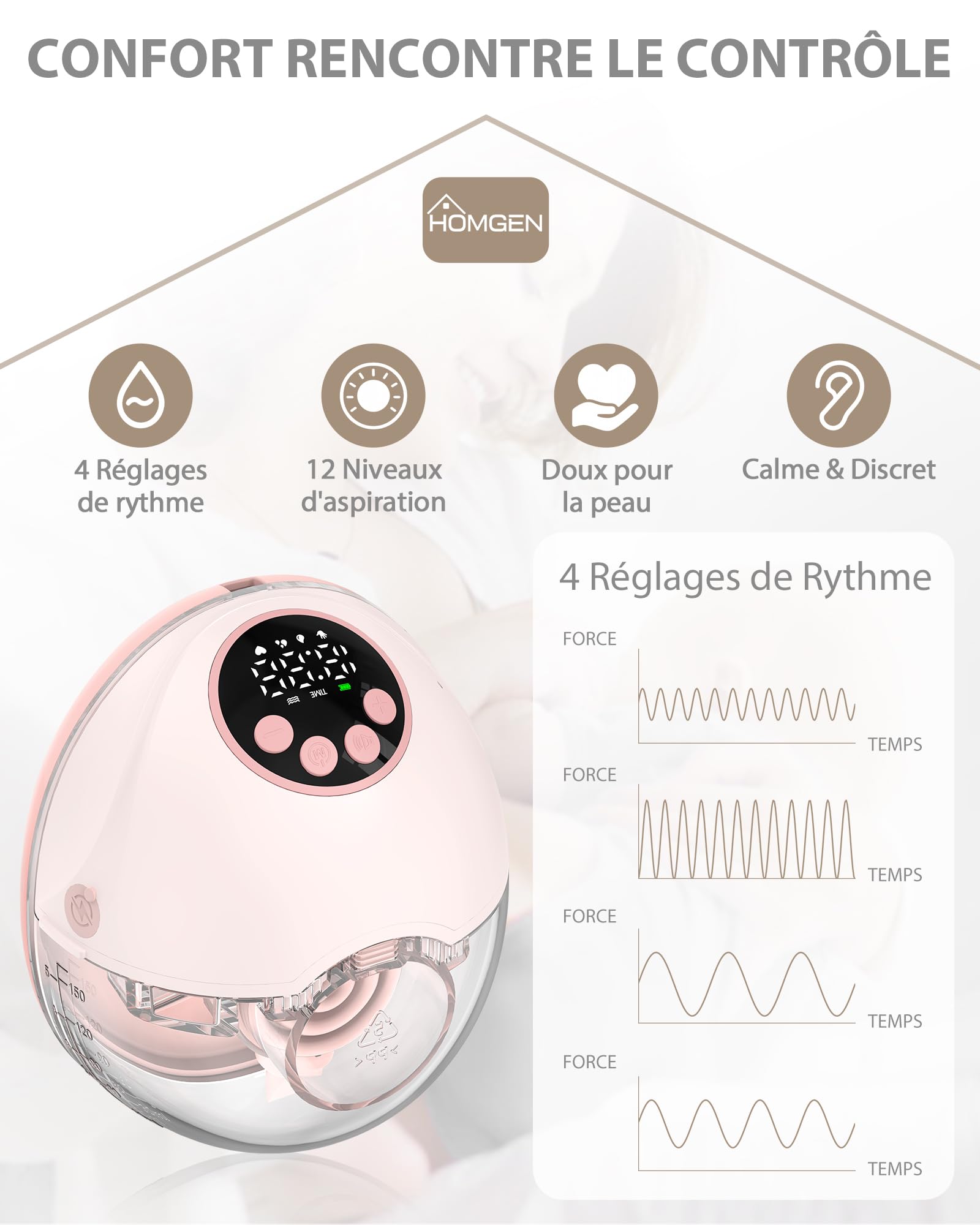 HOMGEN Tire-lait électrique Portable Mains Libres, Extracteur de Lait Maternel Sans Fil avec écran LED, Pompe à Lait Rechargeable 1200mAh avec 4 Modes et 12 Niveaux, Facile à Nettoyer pour les Mamans