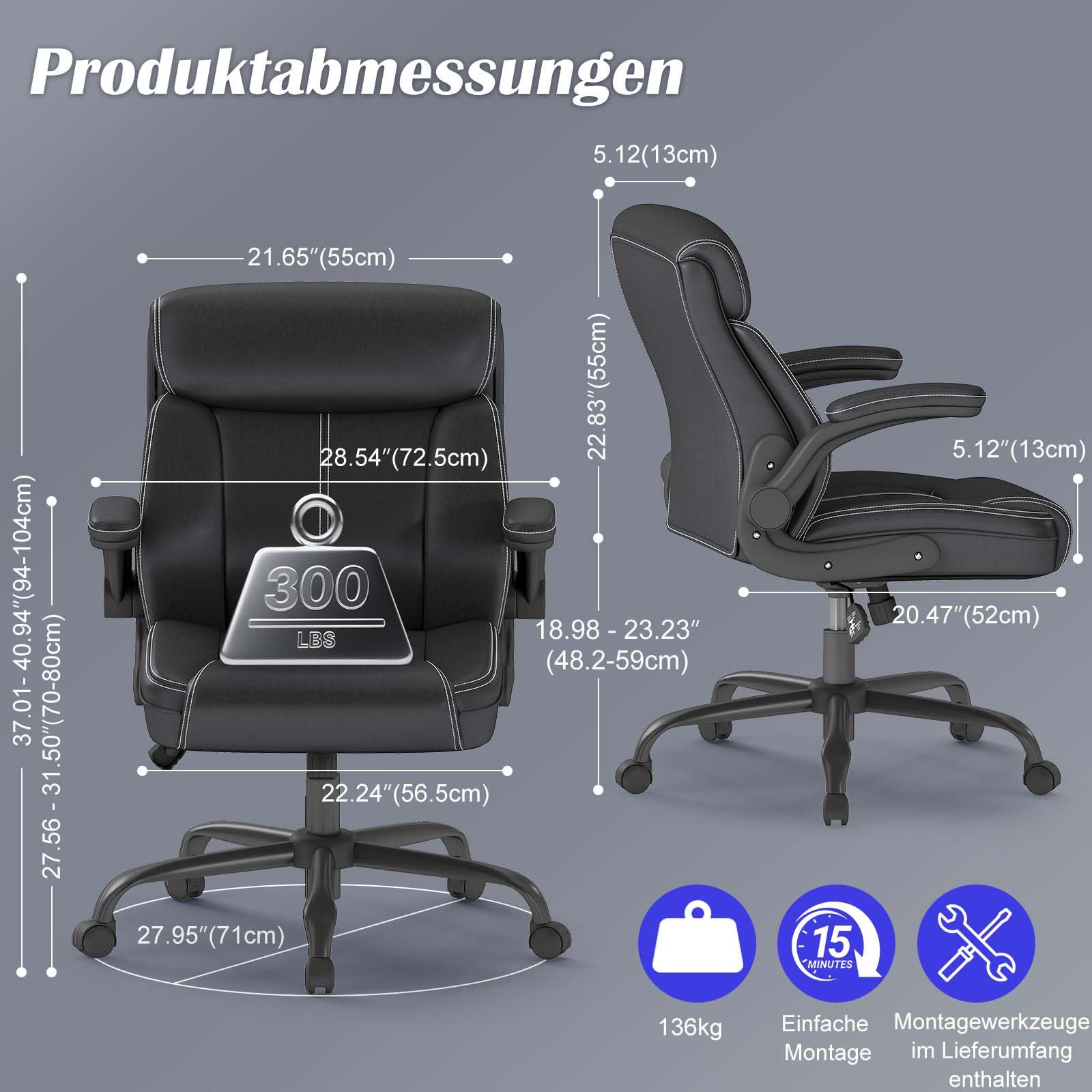 AnyGod Ergonomischer Bürostuhl, Chefsessel aus Kunstleder mit Hochklappbaren Armlehnen, Drehstuhl Schreibtischstuhl Höhenverstellbar, Belastbar bis 136 kg, für Homeoffice und Büro