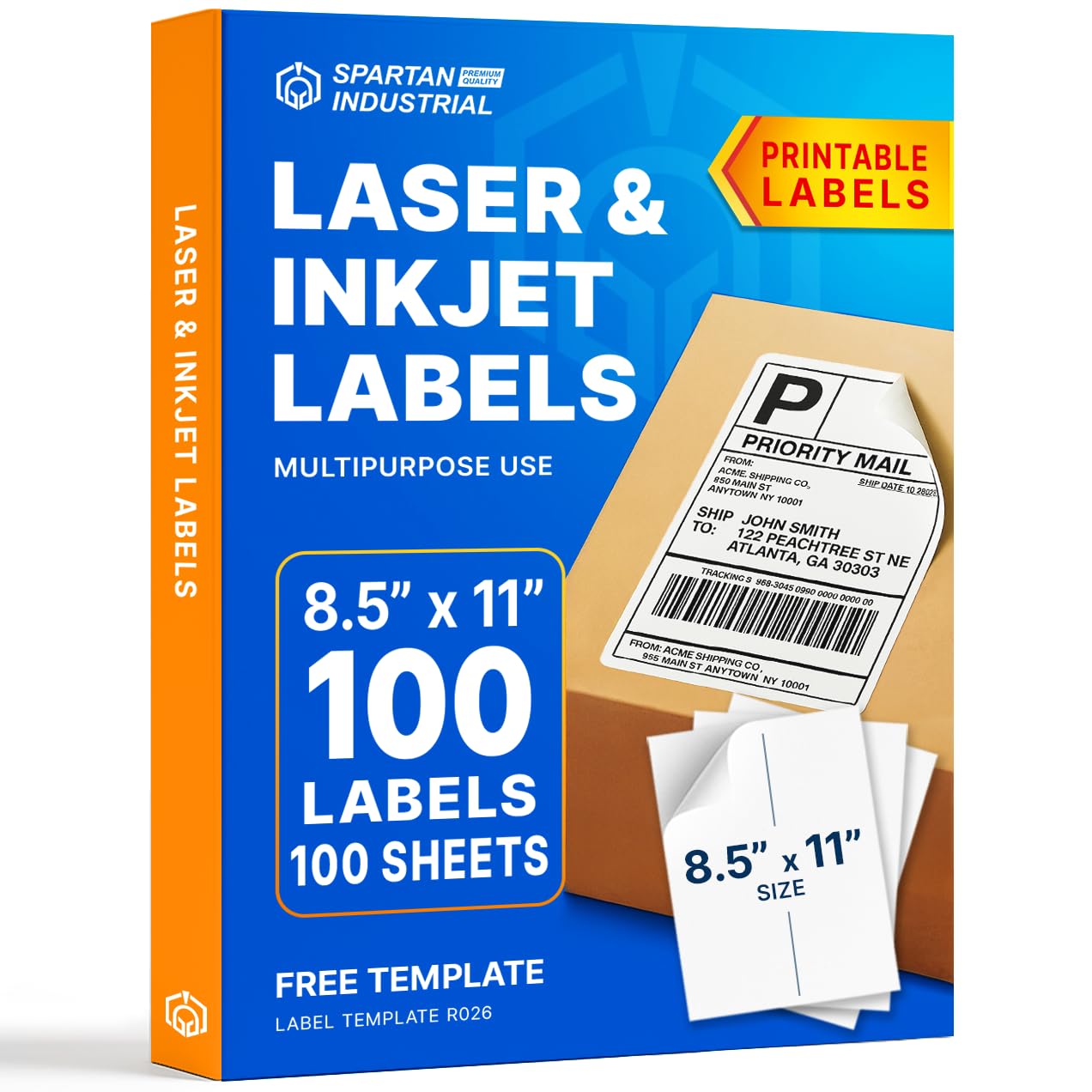 8.5" X 11" Full-Sheet Printable Labels for Inkjet and Laser Printers - 100 Sheets, 100 Custom Stickers for Shipping Labels, Mailing, Personalized