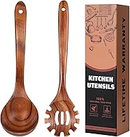 Vista 1 de Juego de cucharas de madera para cocinar, tenedor de pasta y cucharón - 2 utensilios de cocina antiadherentes de madera de teca natural
