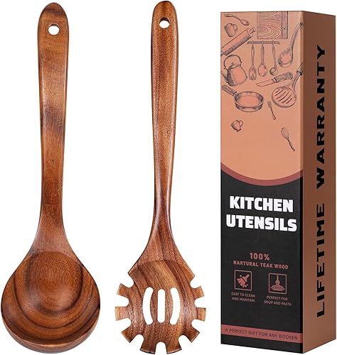 Juego de cucharas de madera para cocinar, tenedor de pasta y cucharón - 2 utensilios de cocina antiadherentes de madera de teca natural para