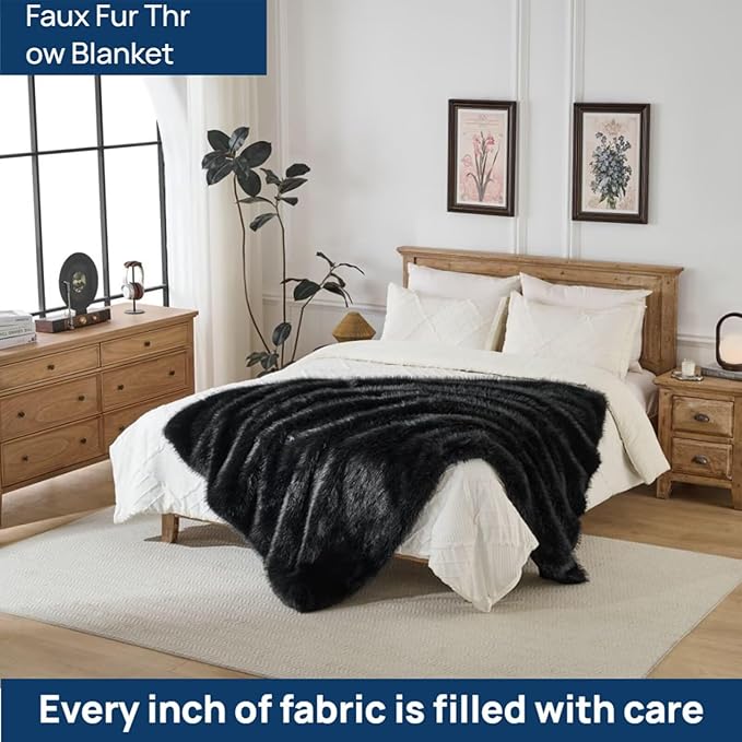 Luxury Fluffy Faux Fur Throw Blanket,Thick Fluffy Fuzzy Cozy Blanket,Plush Blankets for Couch, Sofa, Chair, Bed-Black,50x60